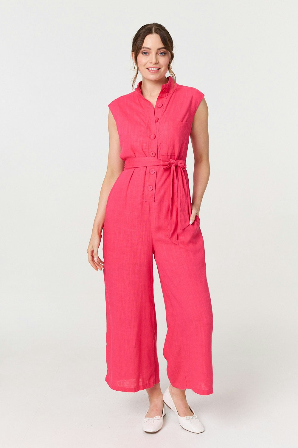 Izabel London Pink Sleeveless Tie Waist Button-Up Jumpsuit - 10