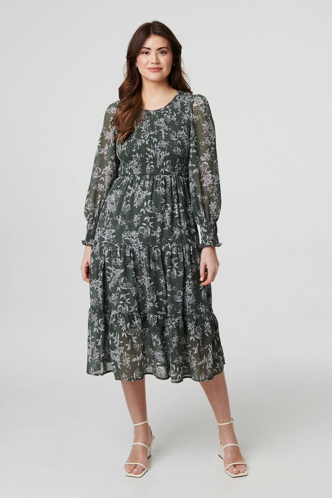Izabel London Light Floral Semi Sheer Smocked Midi Dress - Olive - 10 - Olive