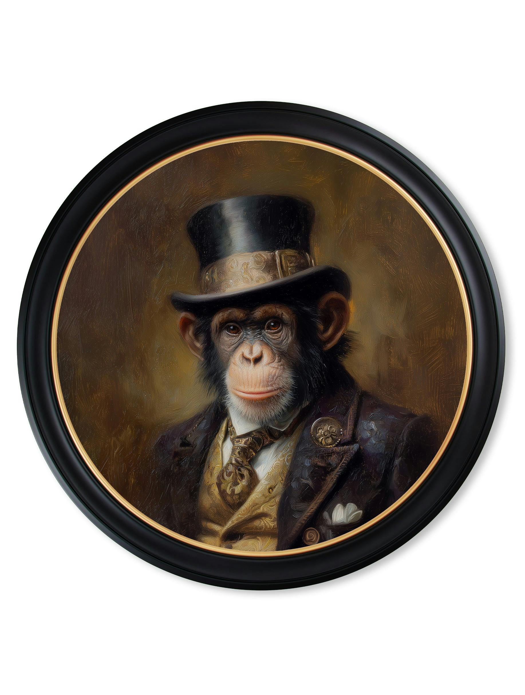 Rackhams Brown/Black/Gold Sir Bananington - Gentleman Chimpanzee Oxford Round Frame - 96 X 96Cm