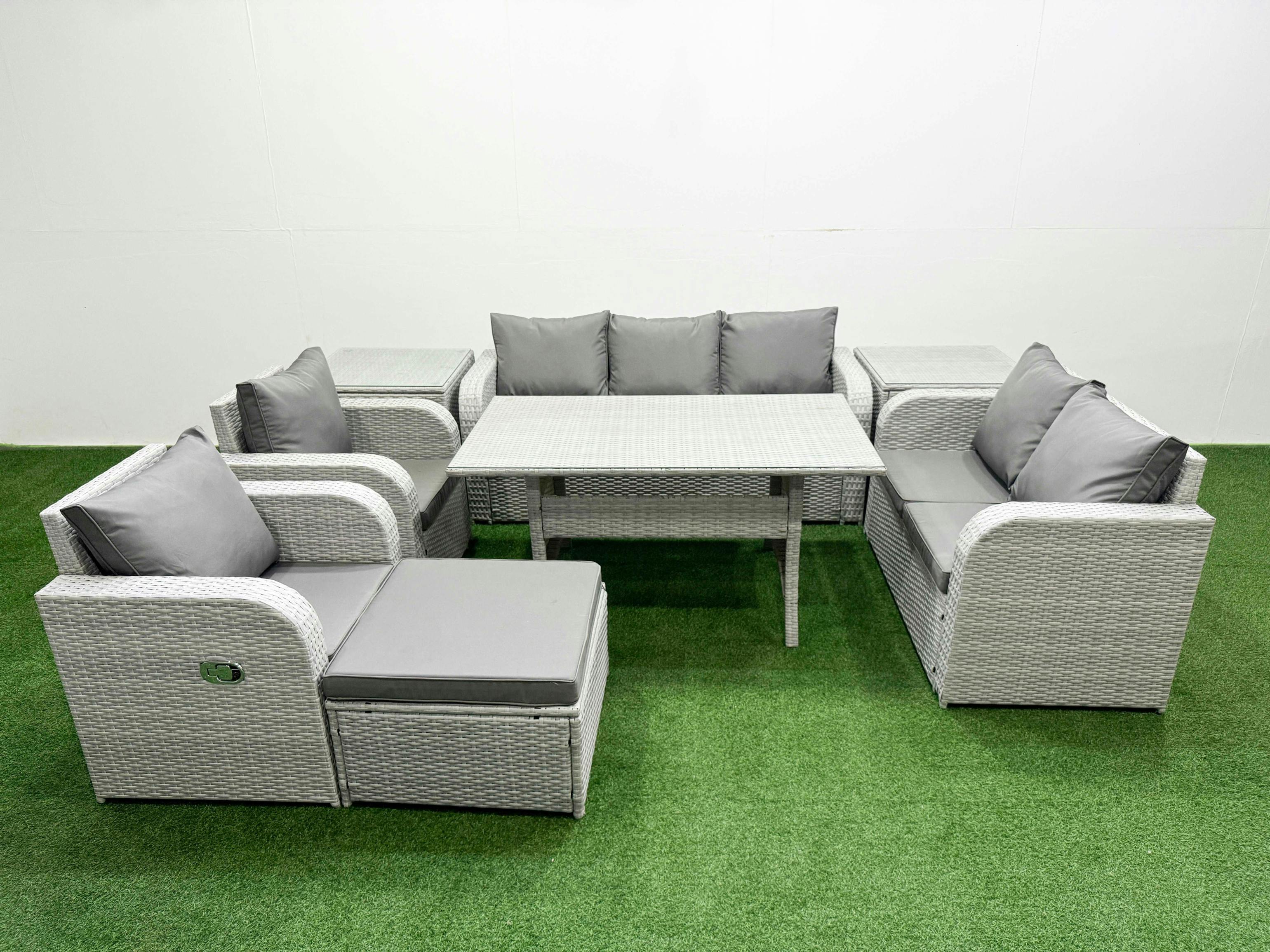 Fimous Light/Grey 8 Seater Rattan Garden Furniture Set With Dining Table, 2 Sofas, 2 Reclining Chairs, 1 Footstool & 2 Side Tables
