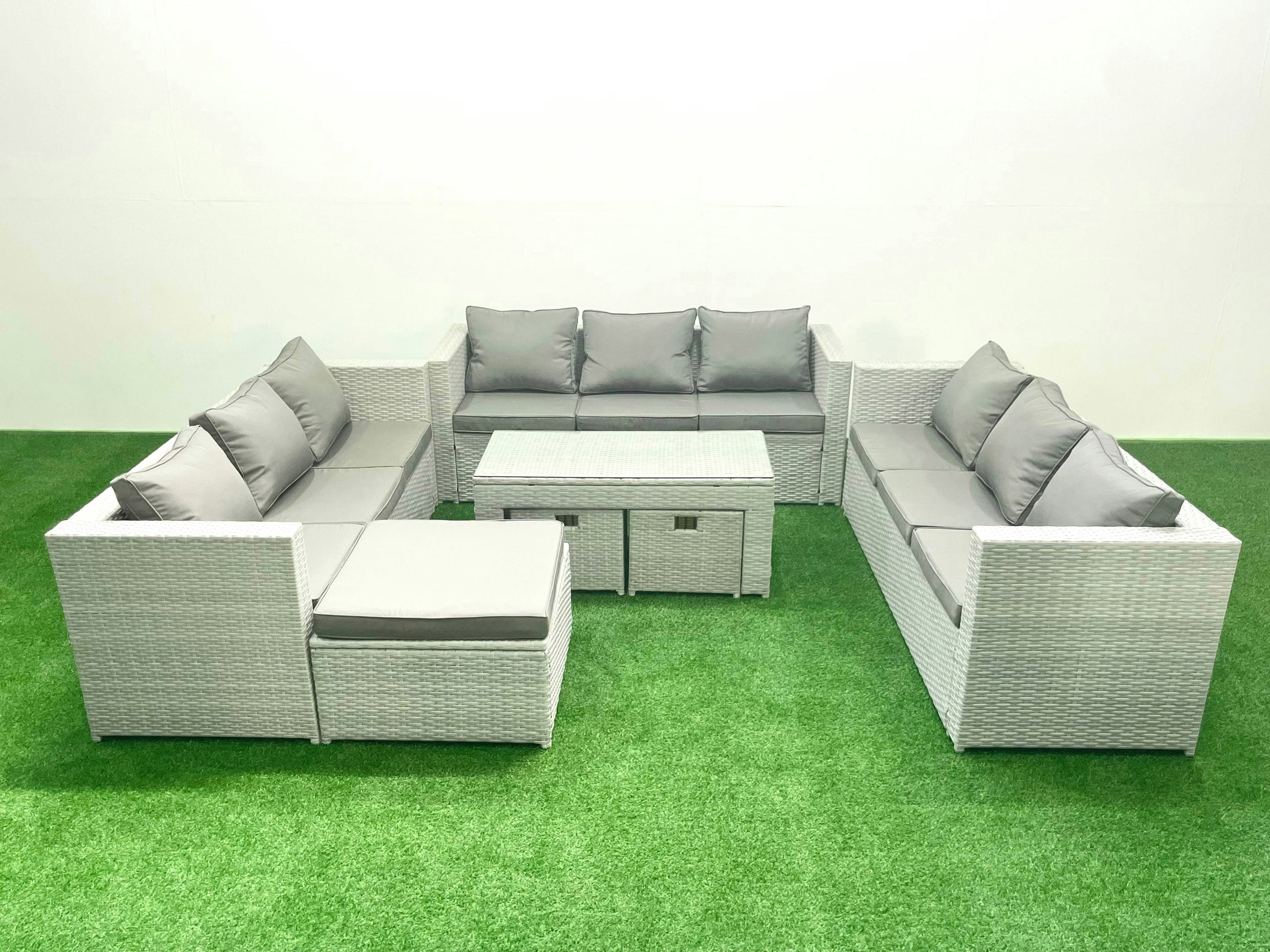 Fimous Light/Grey Rattan Garden Outdoor Furniture Set 12 Seater Garden Sofa Oblong Coffee Table Set With 3 Footstools Mixed