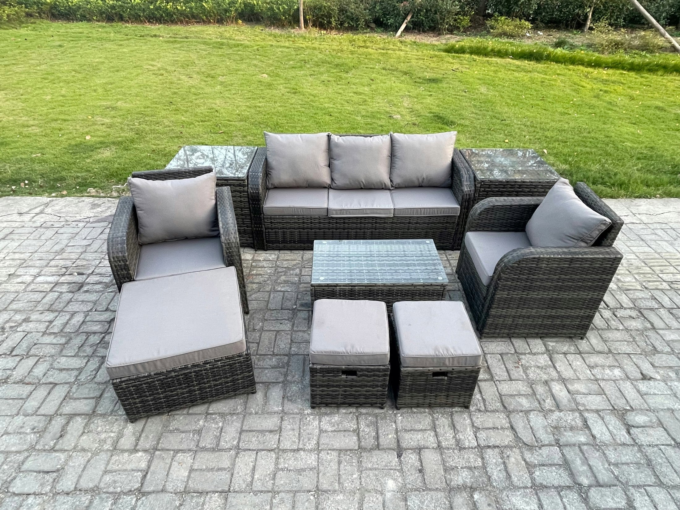 Fimous Dark/Grey Rattan Garden Furniture Set - Mixed Patio Lounge Sofa With Rectangular Coffee Table & 3 Footstools