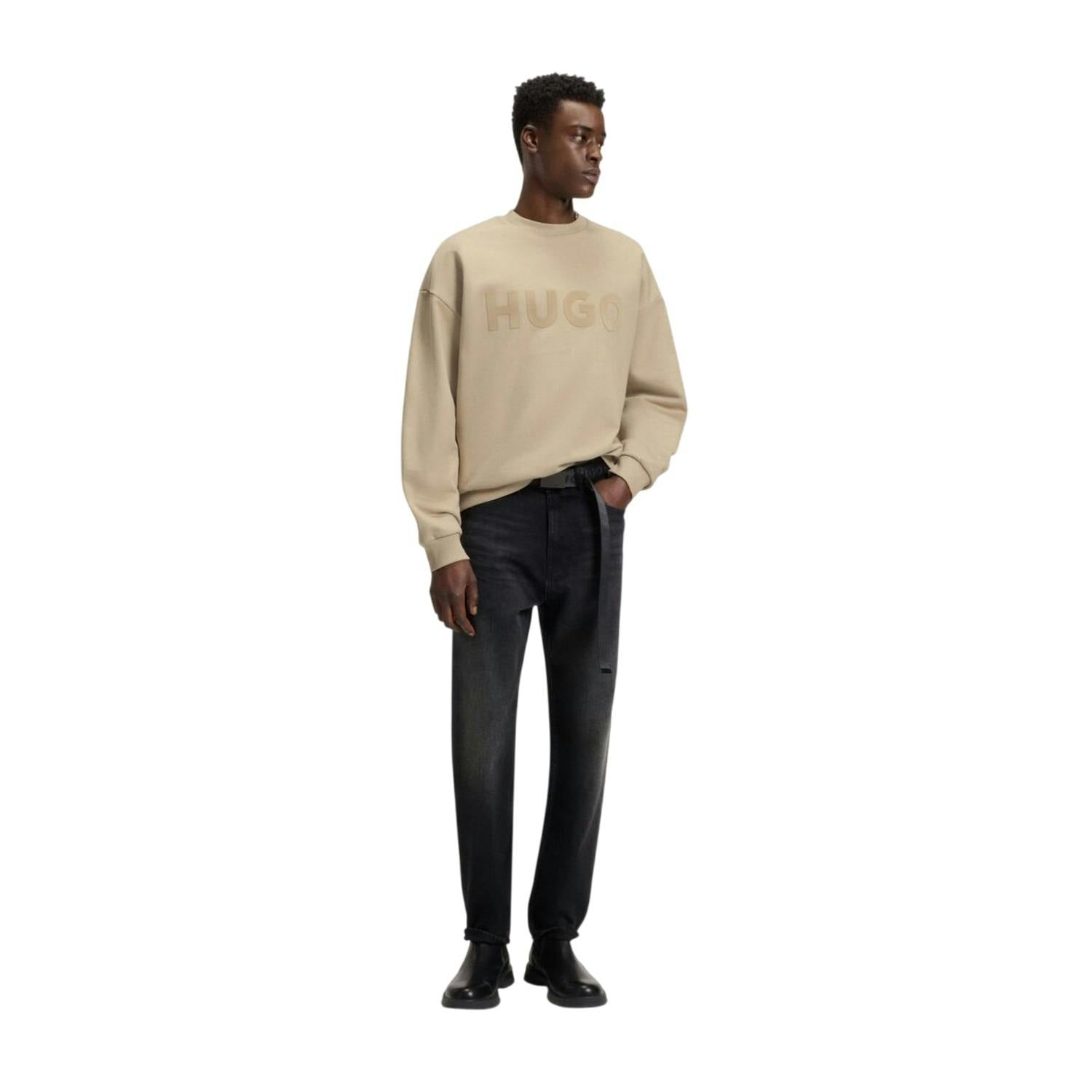 Hugo Men's Beige Embossed Regular Sweatshirt - Medium - S - Medium - 100% Mixed
