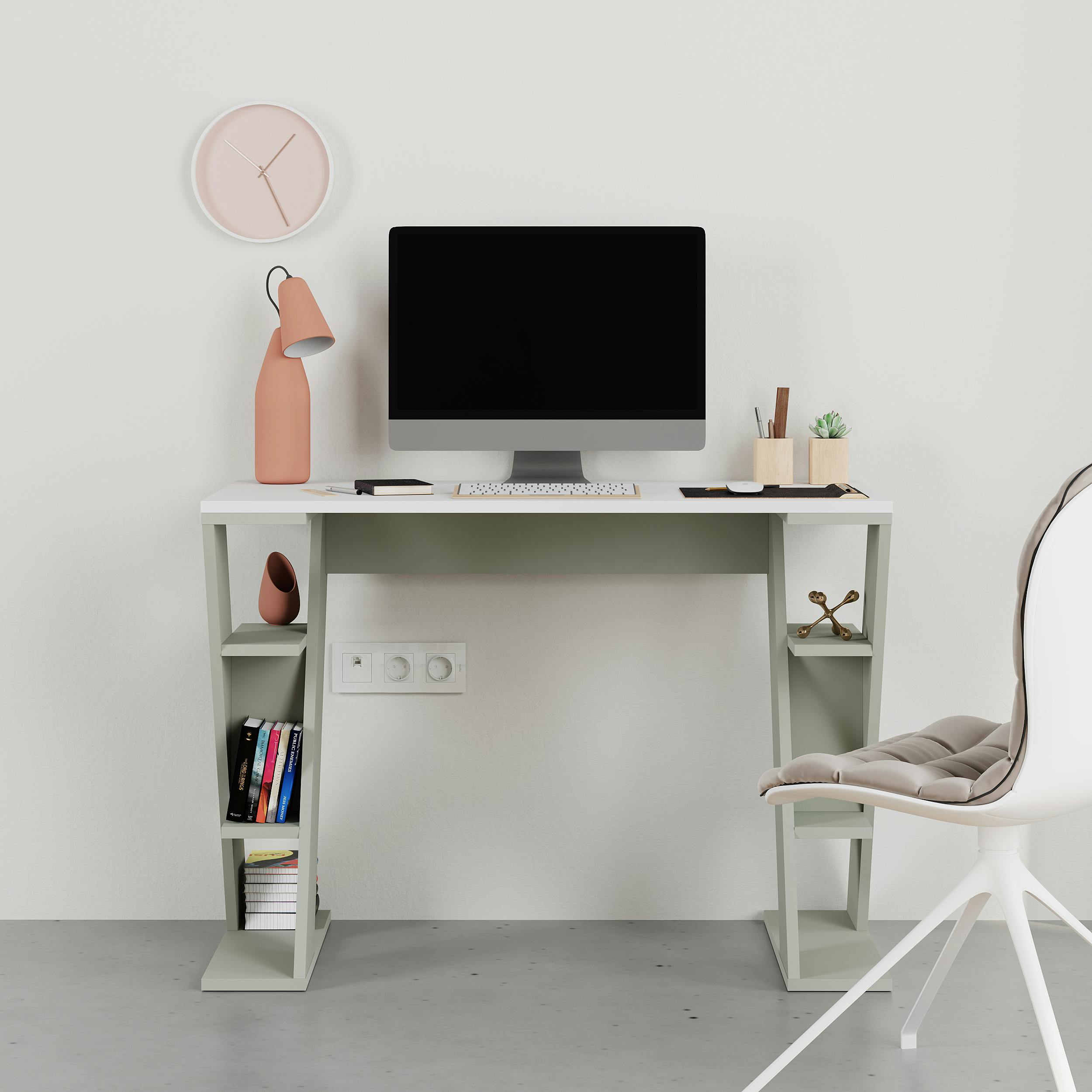 Decortie White/Green Modern Papillon 106Cm Working Desk Particleboard 3 Mini Shelves, Cross Design Legs H75xw106cm - Ash