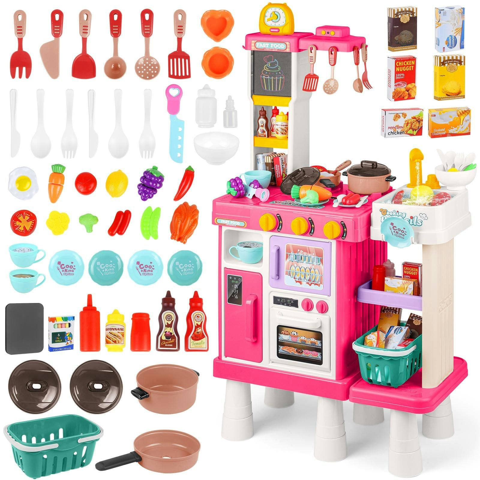 Deao Toys Pink Play Kitchen Set Pretend Cooking Toys With Stove Oven - 3+