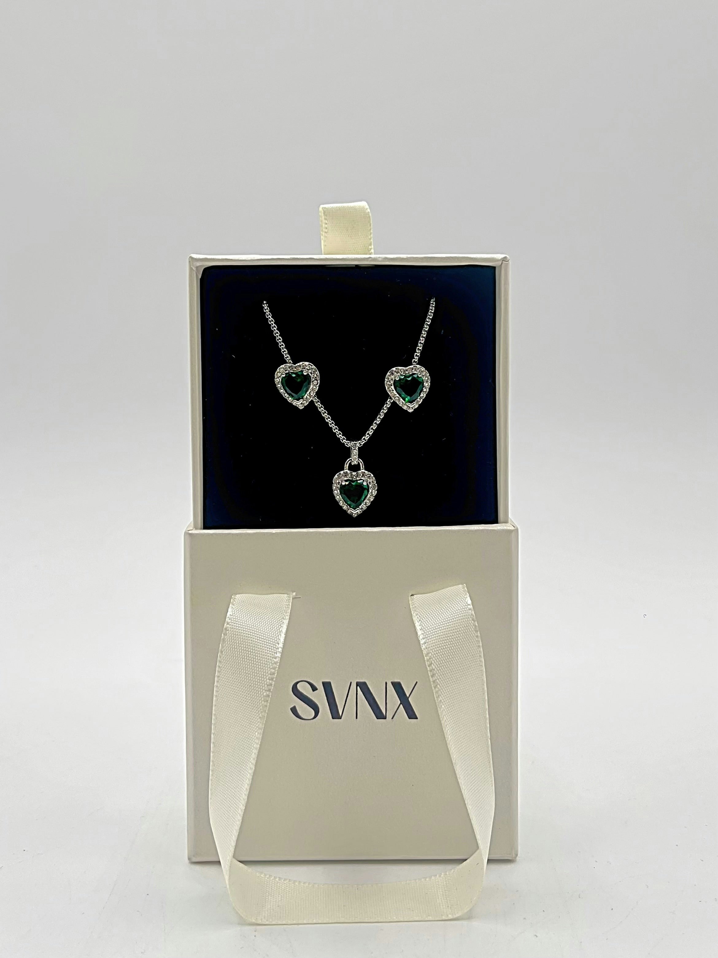 Svnx Green/Silver Diamante Heart Necklace And Earrings Set In Colour - One Size