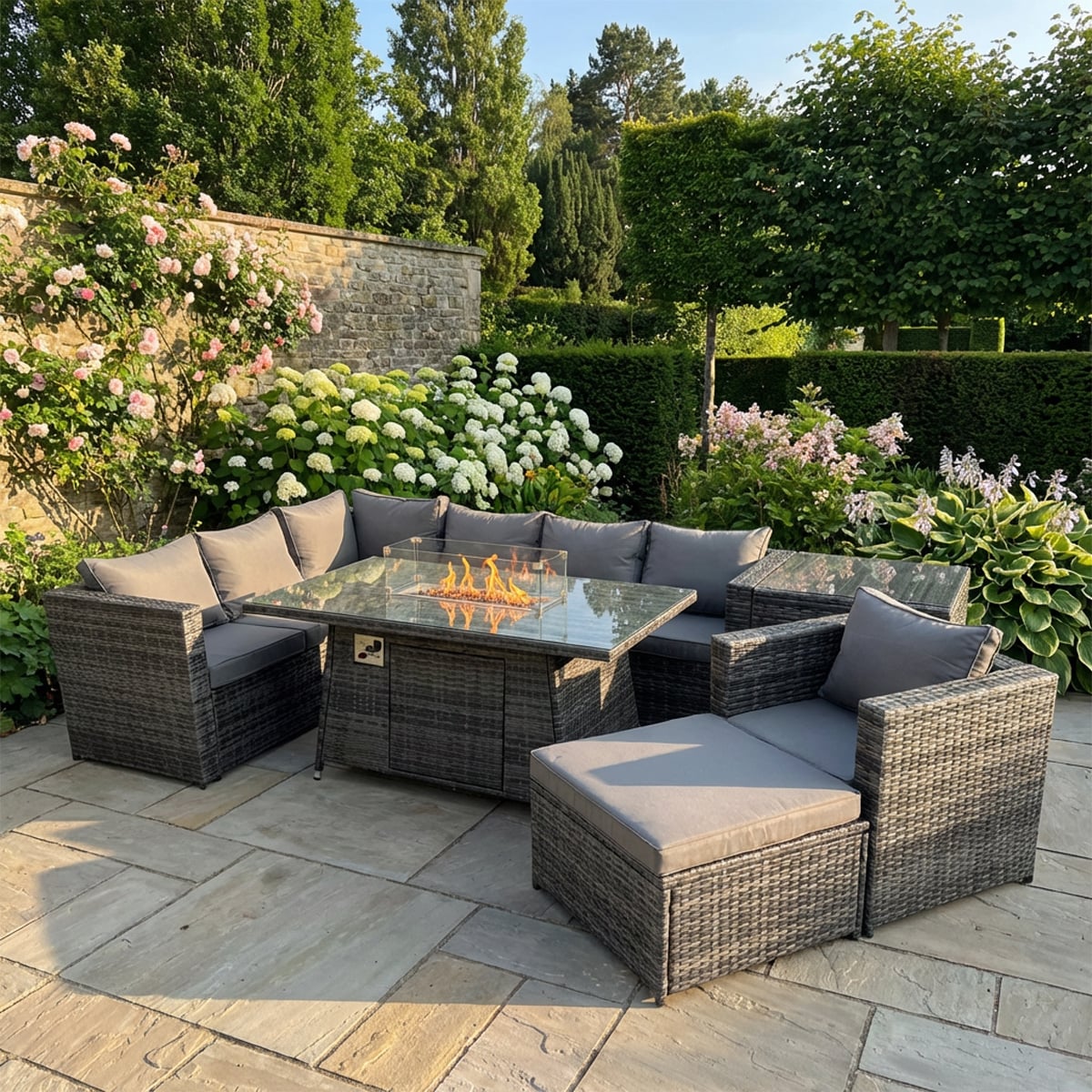 Rackhams Dark/Grey 8 Seater Rattan Garden Furniture Set With Gas Fire Pit Dining Table, Corner Sofa, Footstool, Side Table