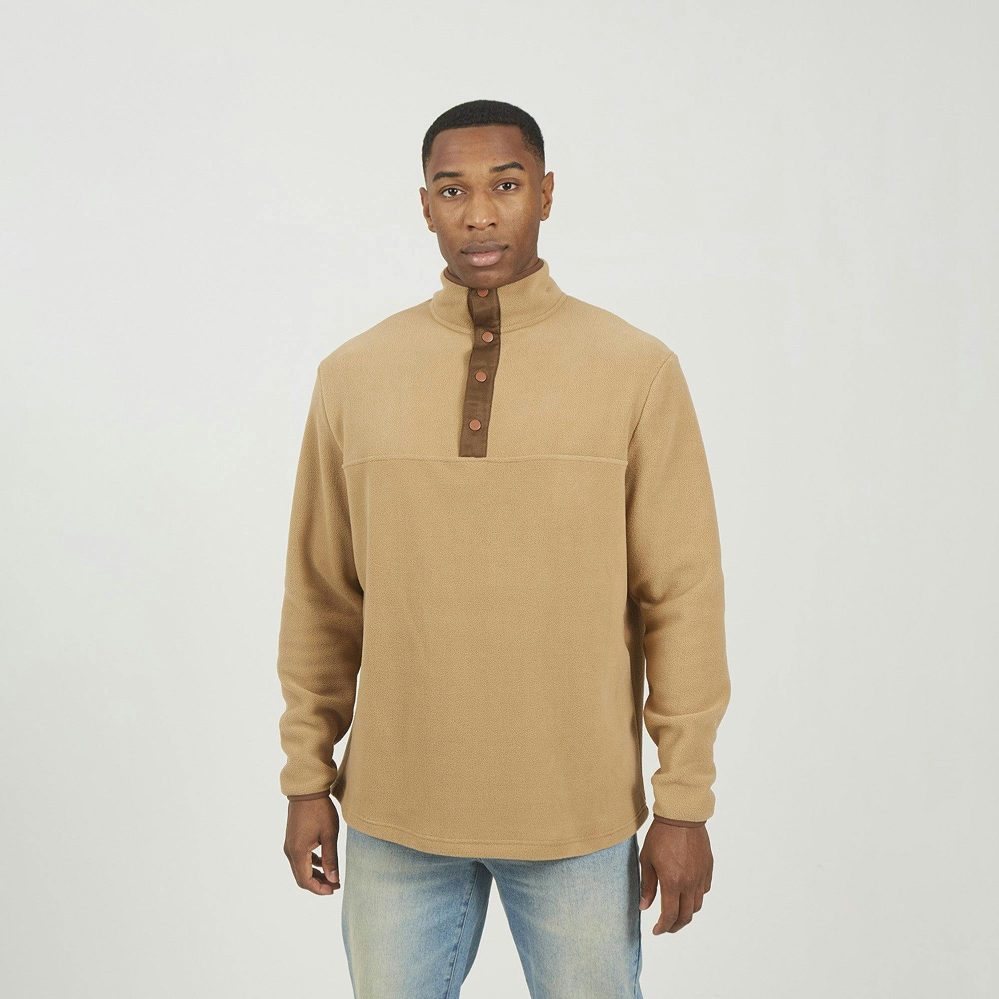 Brave Soul Contrast Quarter Zip Fleece - Tan - Tan - M