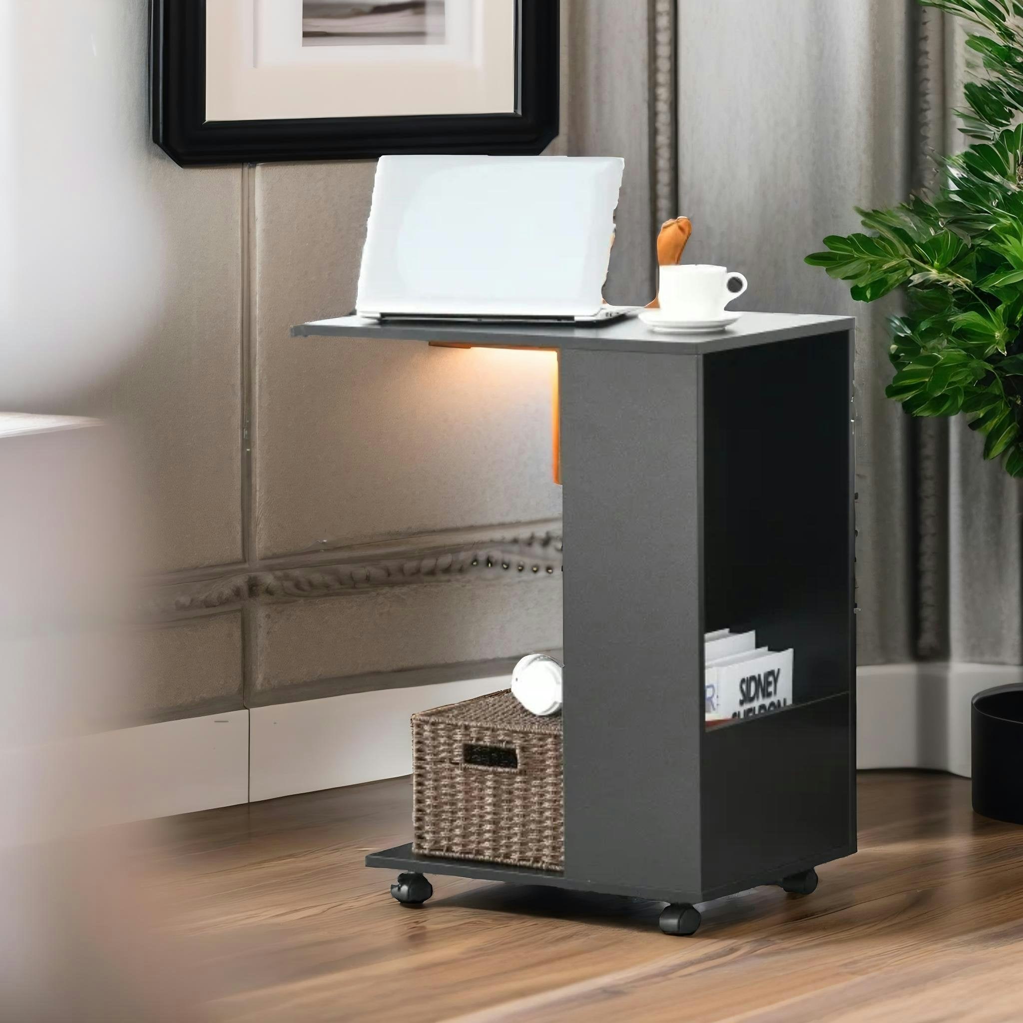 Rafaelo Mobilia Black Industrial C Shaped Side Table With Storage & Wheels