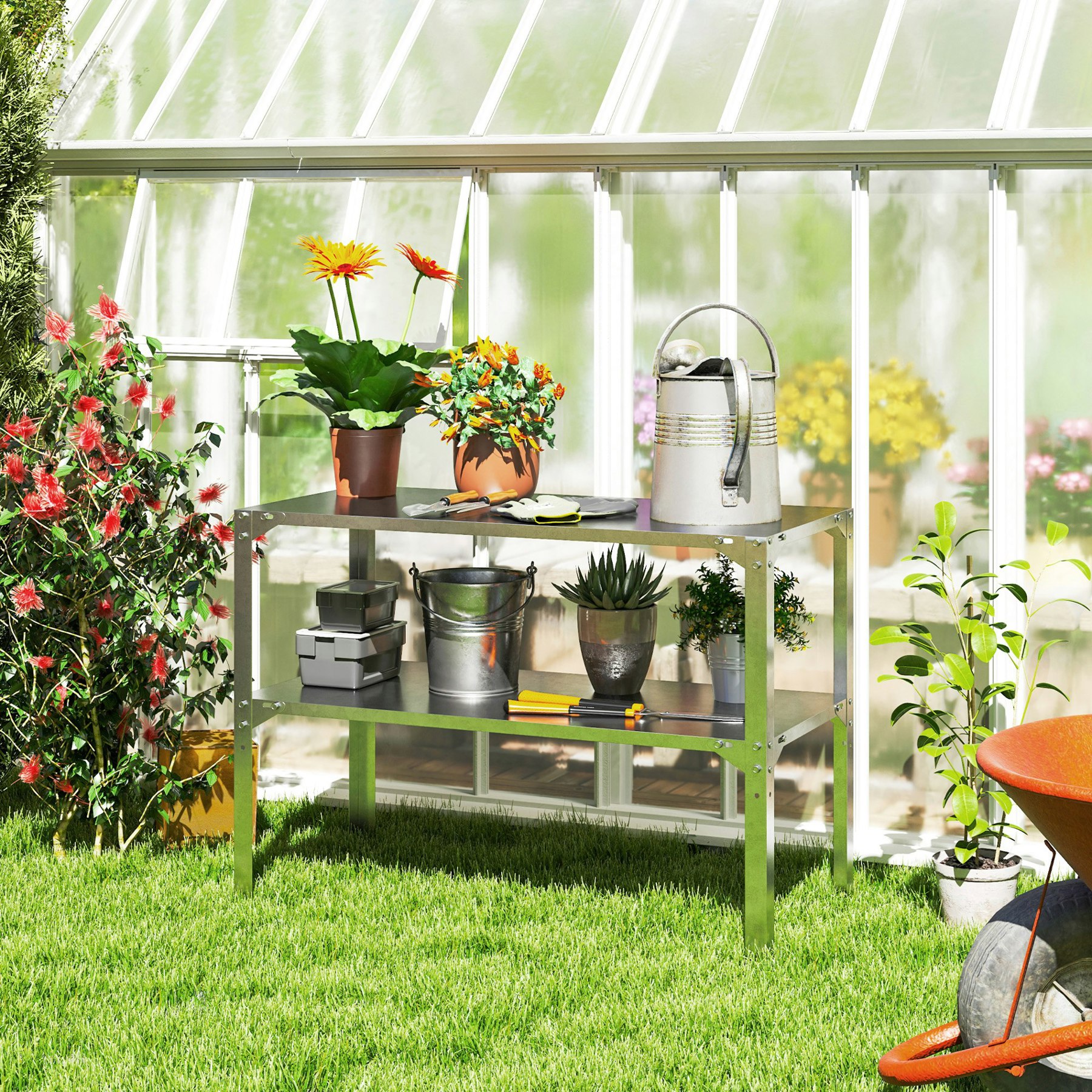 Outsunny Silver 2 Tier Potting Bench Table, Galvanised Work Bench, Tone