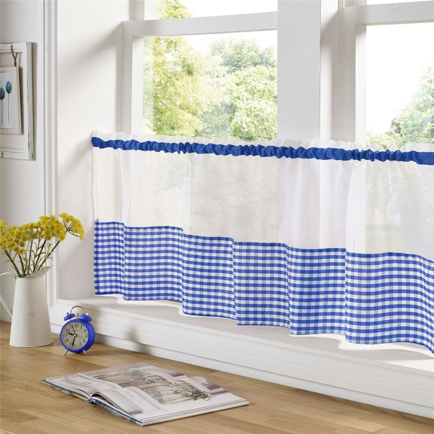 Rackhams Blue Gingham Checked Kitchen Voile Curtain Café Panels - 18"