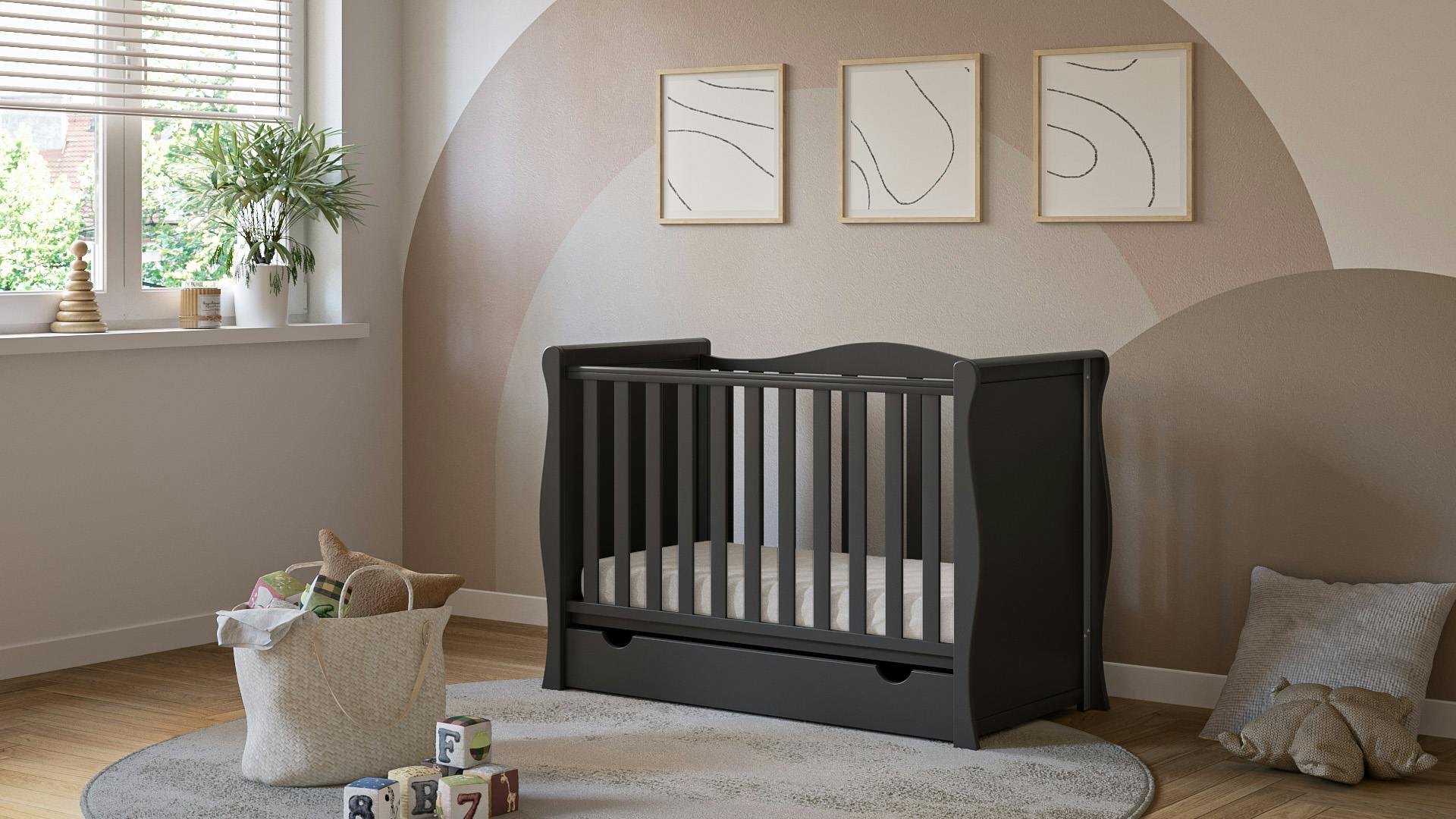 Viculii Black Willow Sleigh Mini Cot Bed With Drawer And Pocket Sprung Hypoallergenic Mattress