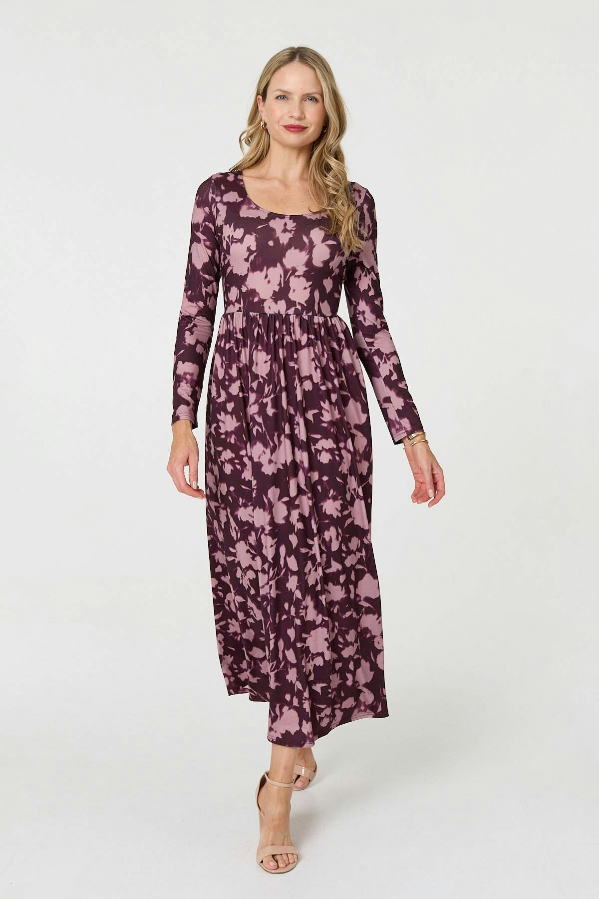 Izabel London Women's Red Floral Long Sleeve Jersey Maxi Dress - 12