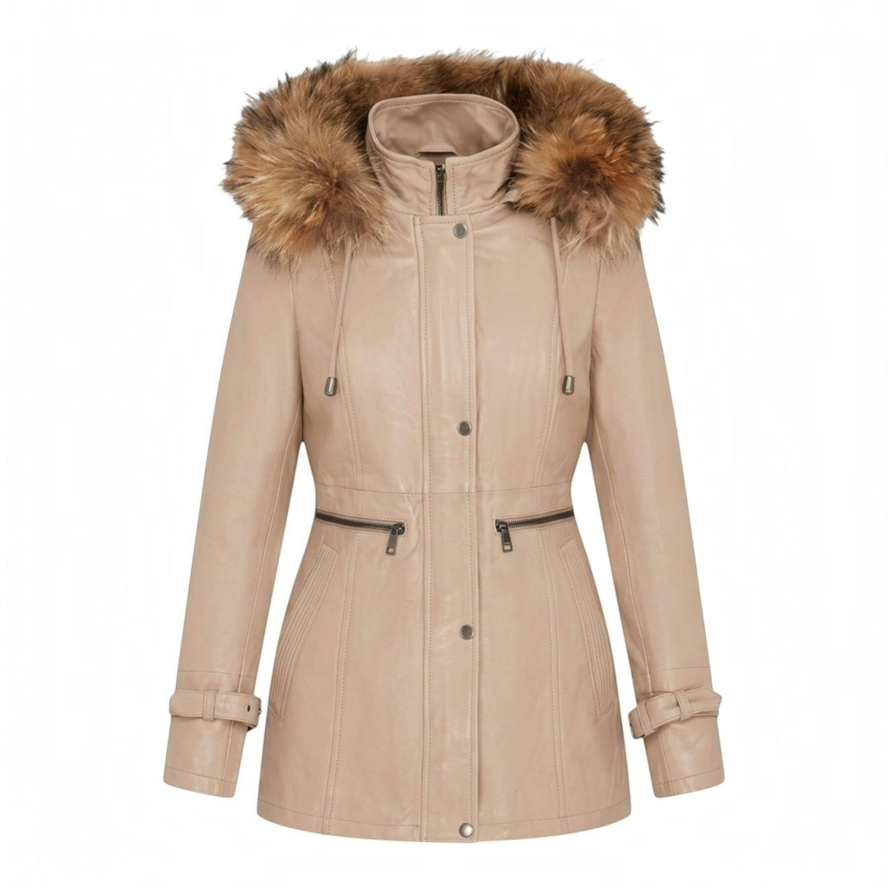 Infinity Leather Women's Beige Leather Hooded Parka Jacket-Putian - Uk 4XL/22 | Eu 48 | Us 18