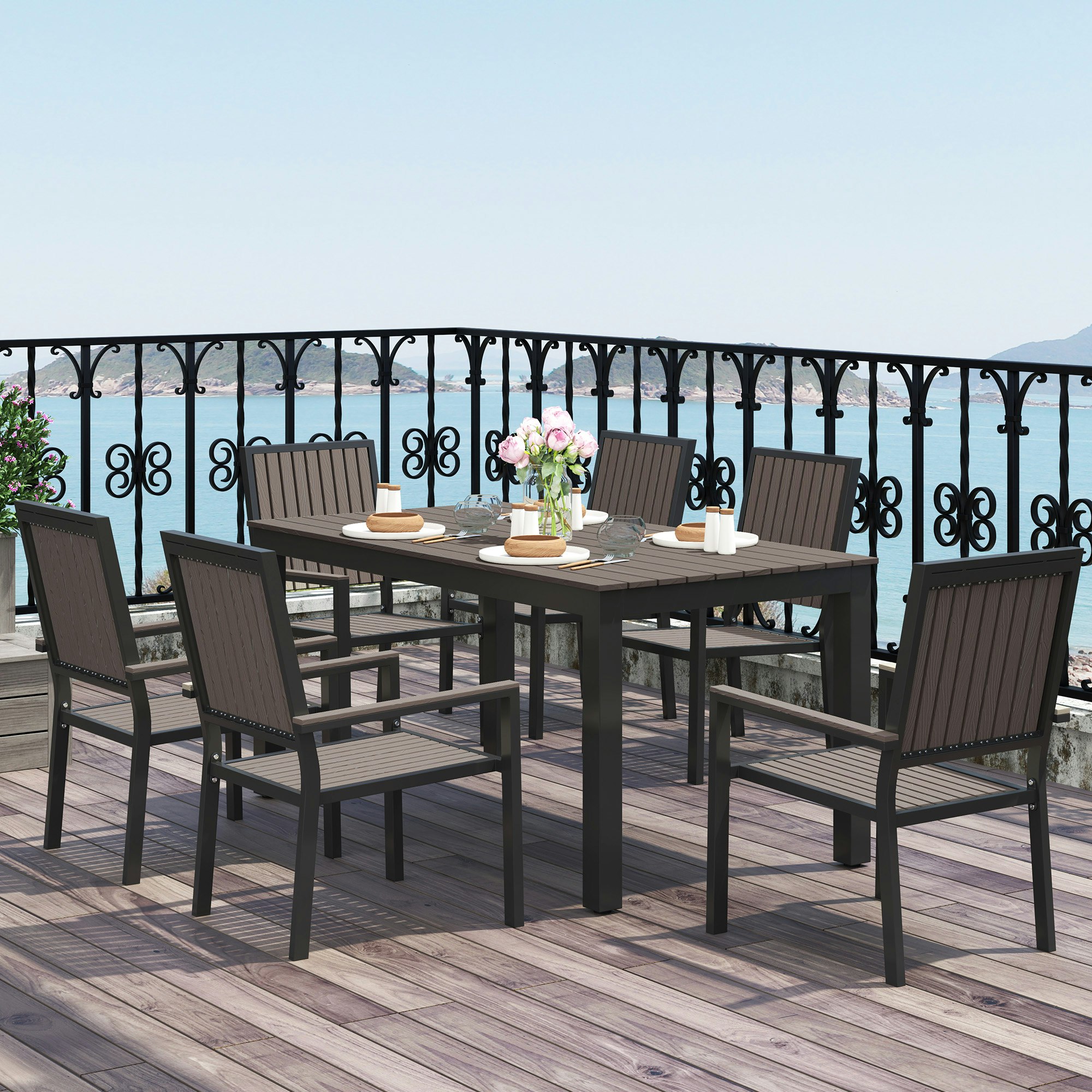 Outsunny Brown 6 Seater Aluminium Garden Dining Set With Stackable Chairs,