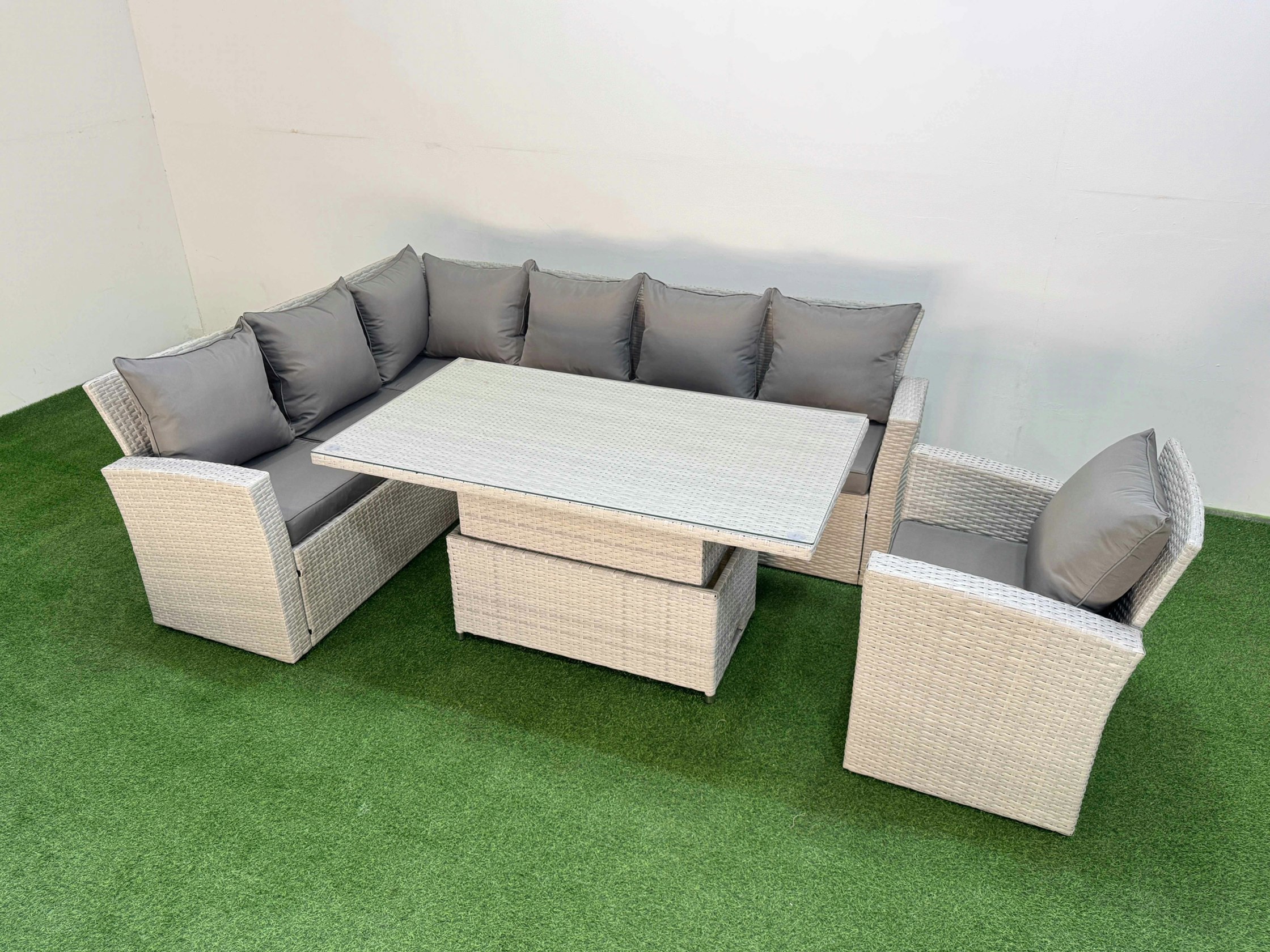 Rackhams Light/Grey 7 Seat Rattan Outdoor Garden Furniture Corner Sofa Set Adjustable Lifting Dining Or Coffee Table Set With Armchair