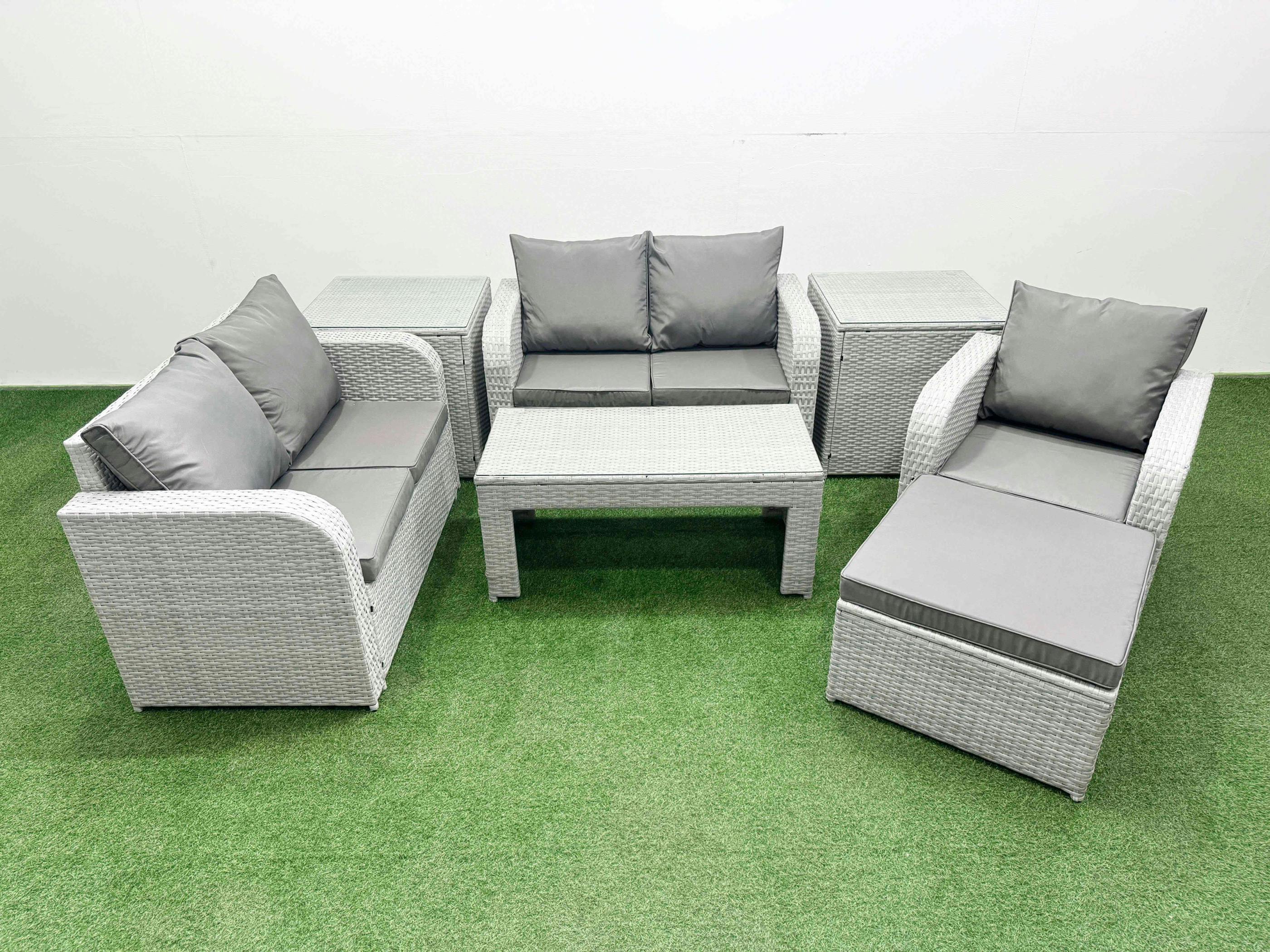 Rackhams Light/Grey High Back Outdoor Set, Poly Rattan, Reclining Loveseat, Oblong Coffee Table, Big Stool And 2 Side Tables,