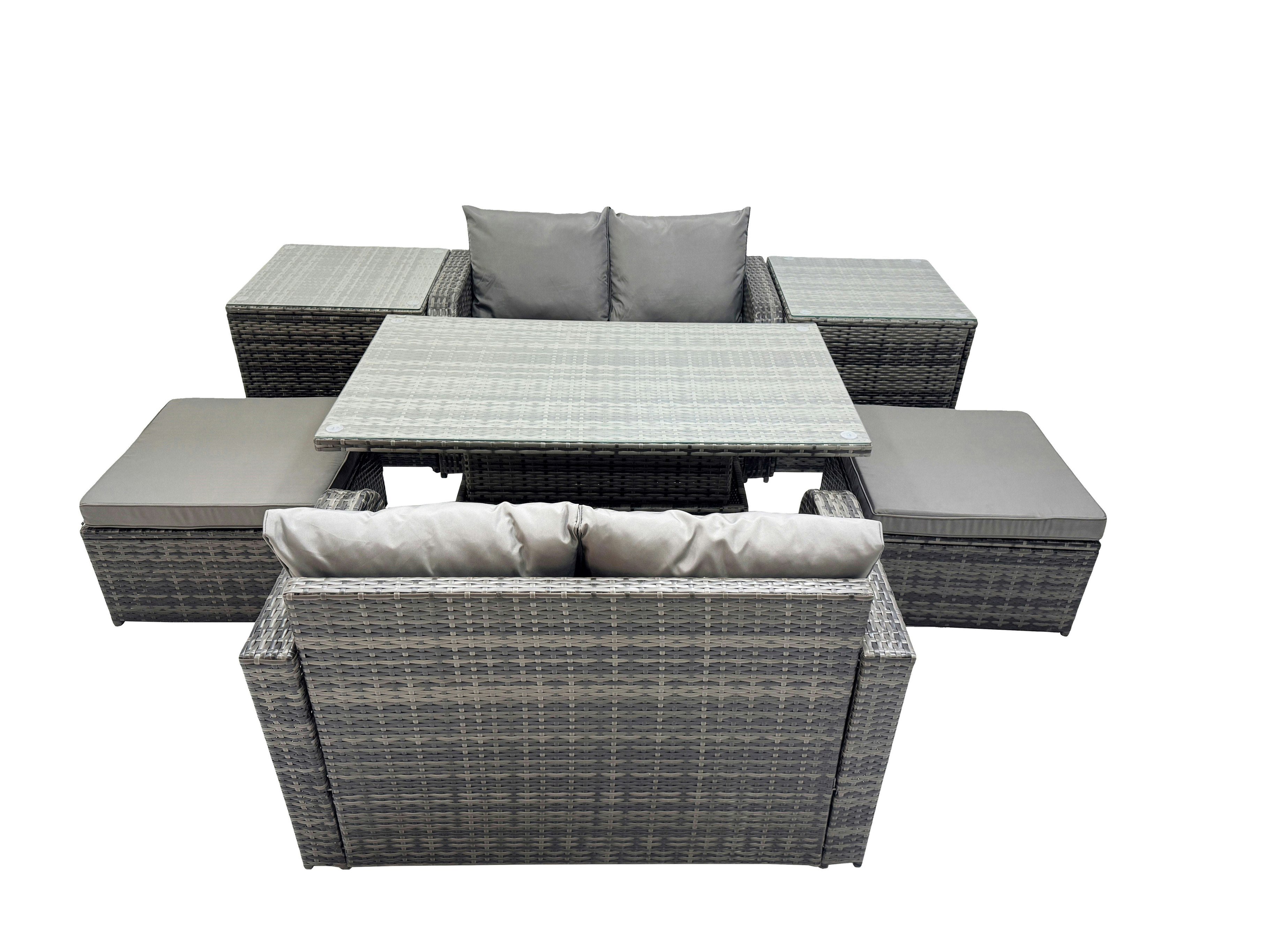 Fimous Dark/Grey 6 Seater Rattan Garden Furniture Dining Set With Height Adjustable Rising Table, Sofa With 2 Big Stools 2 Side Tables Mixed
