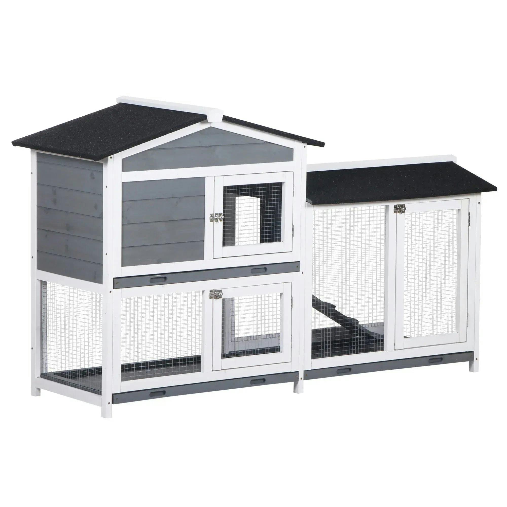 Pawhut Unisex Grey 2-Tier Wooden Rabbit Hutch Guinea Pig House Pet Cage Outdoor W/ Tray Ramp In - Image 5