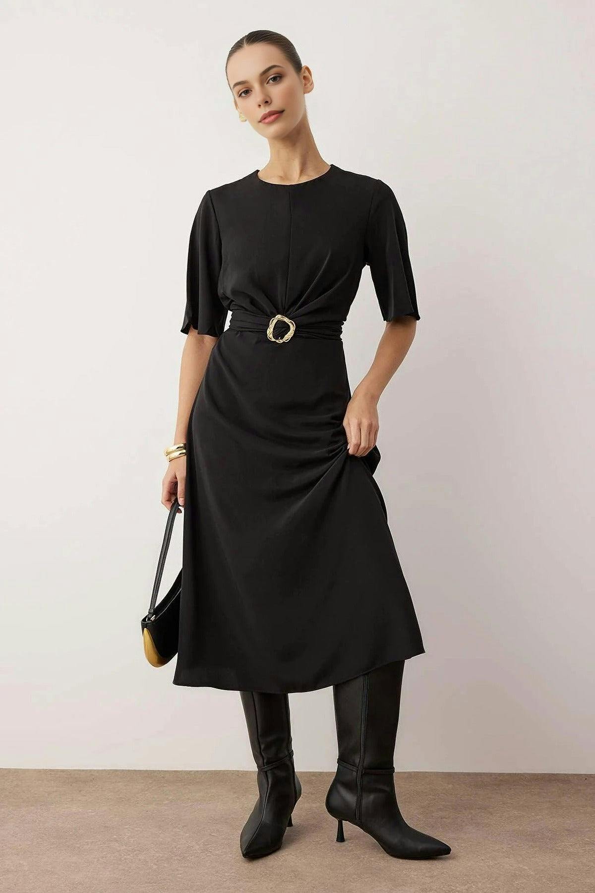 Wovcor Black Midi Woven Dress With Accessory Details - 6