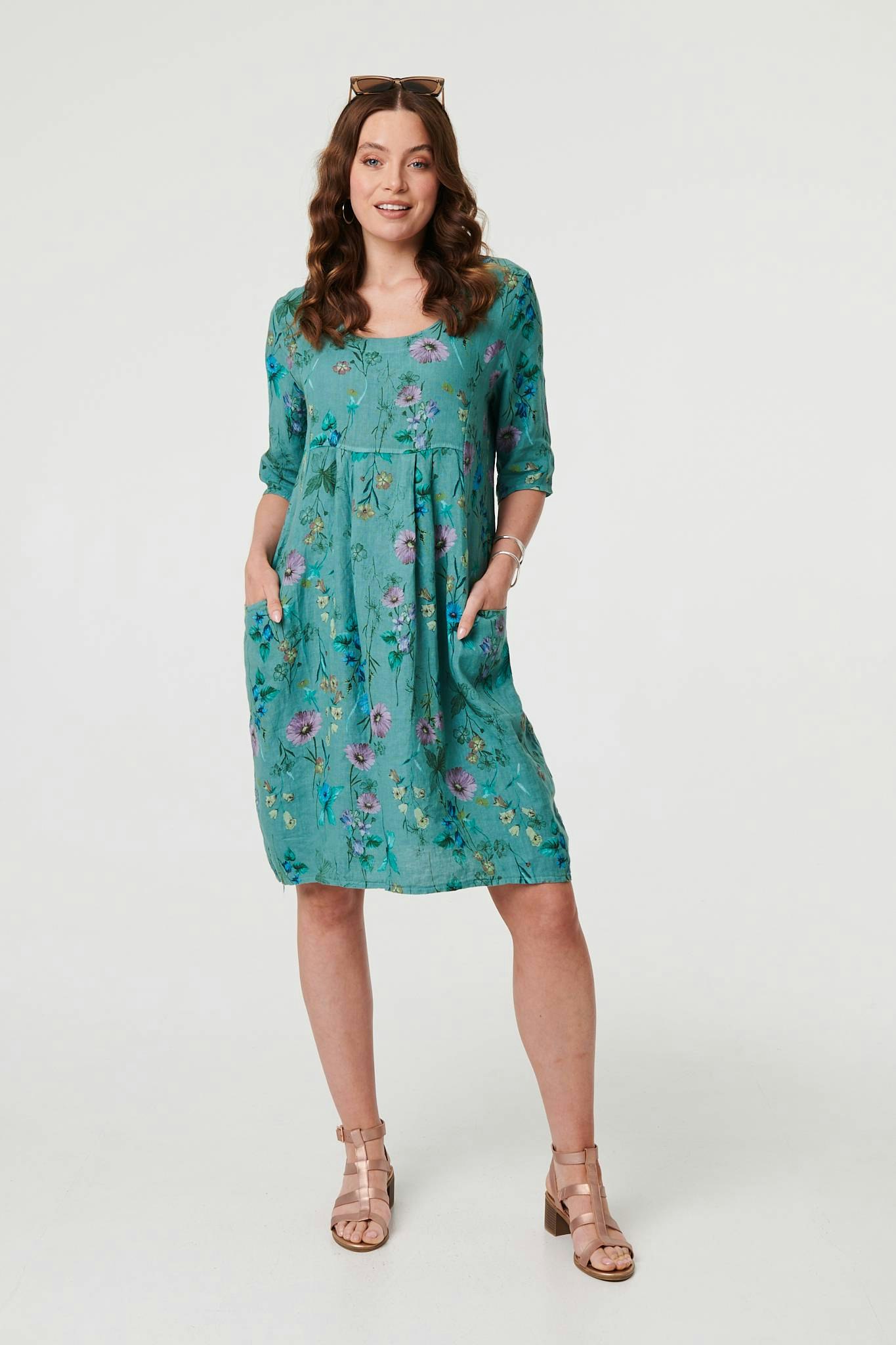 Izabel London Floral 3/4 Sleeve Short Shift Dress - Teal - 8