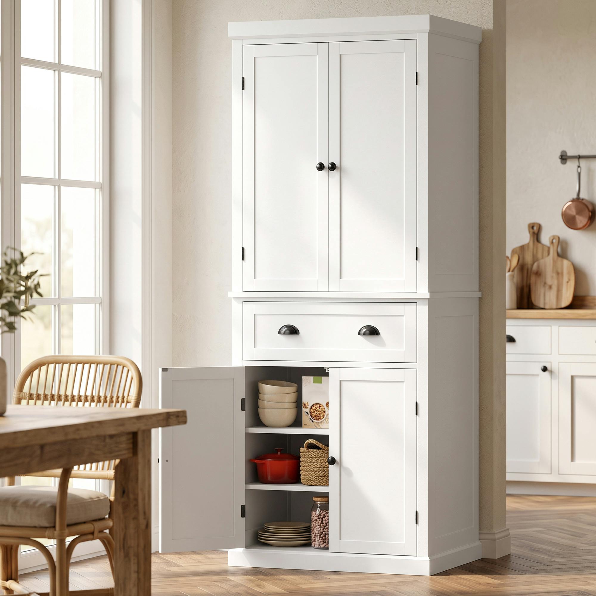 Homcom Unisex White Tall Kitchen Cupboard, 183Cm Freestanding Storage Cabinet With Drawer In - Image 2