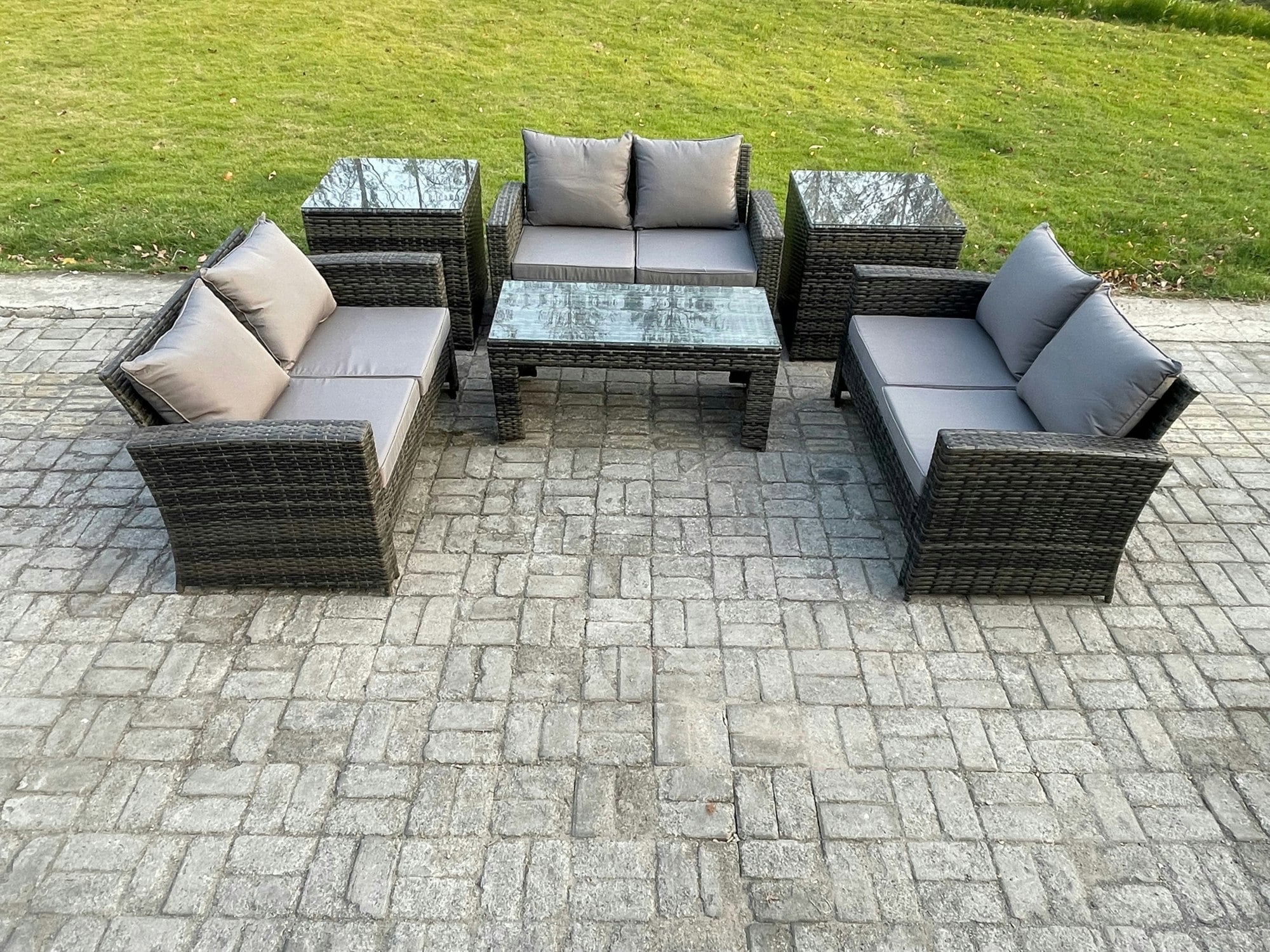 Fimous Dark/Grey 6 Pcs Outdoor Lounge Sofa Set Wicker Pe Rattan Garden Furniture Set With Coffee Table Double Seater Sofa 2 Side Tables Mixed