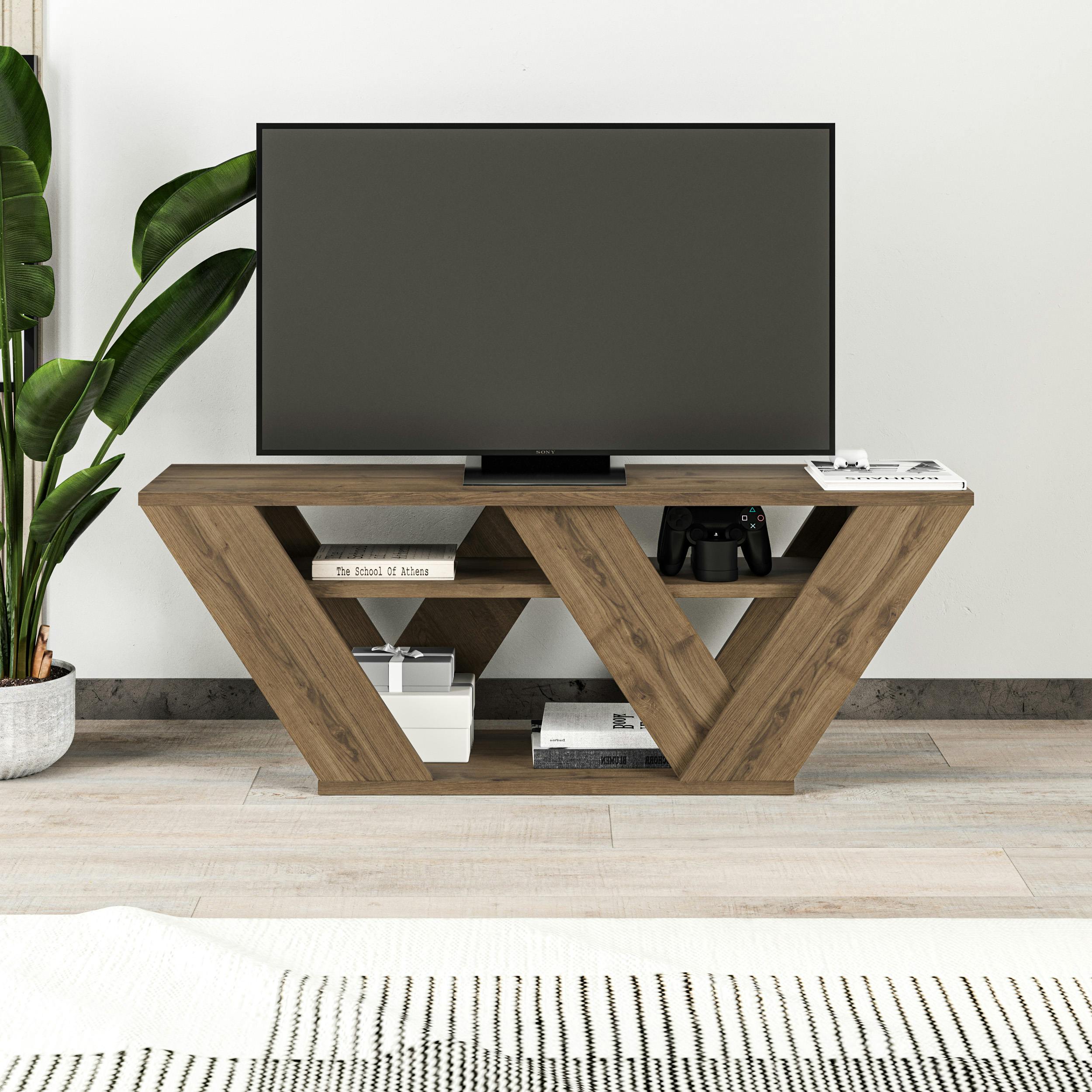 Rackhams Dark Pipralla Modern Tv Stand Unit With Shelves For Up To 43" Tvs 110Cm - Oak Effect