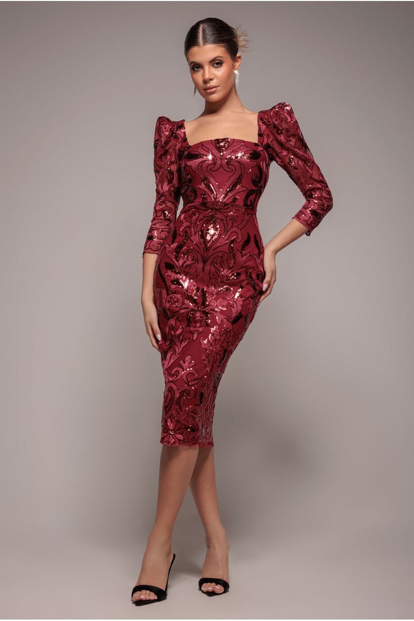 Goddiva Square Neck Scalloped Embroidered Sequin Midi Dress - Wine By - Wine - 10