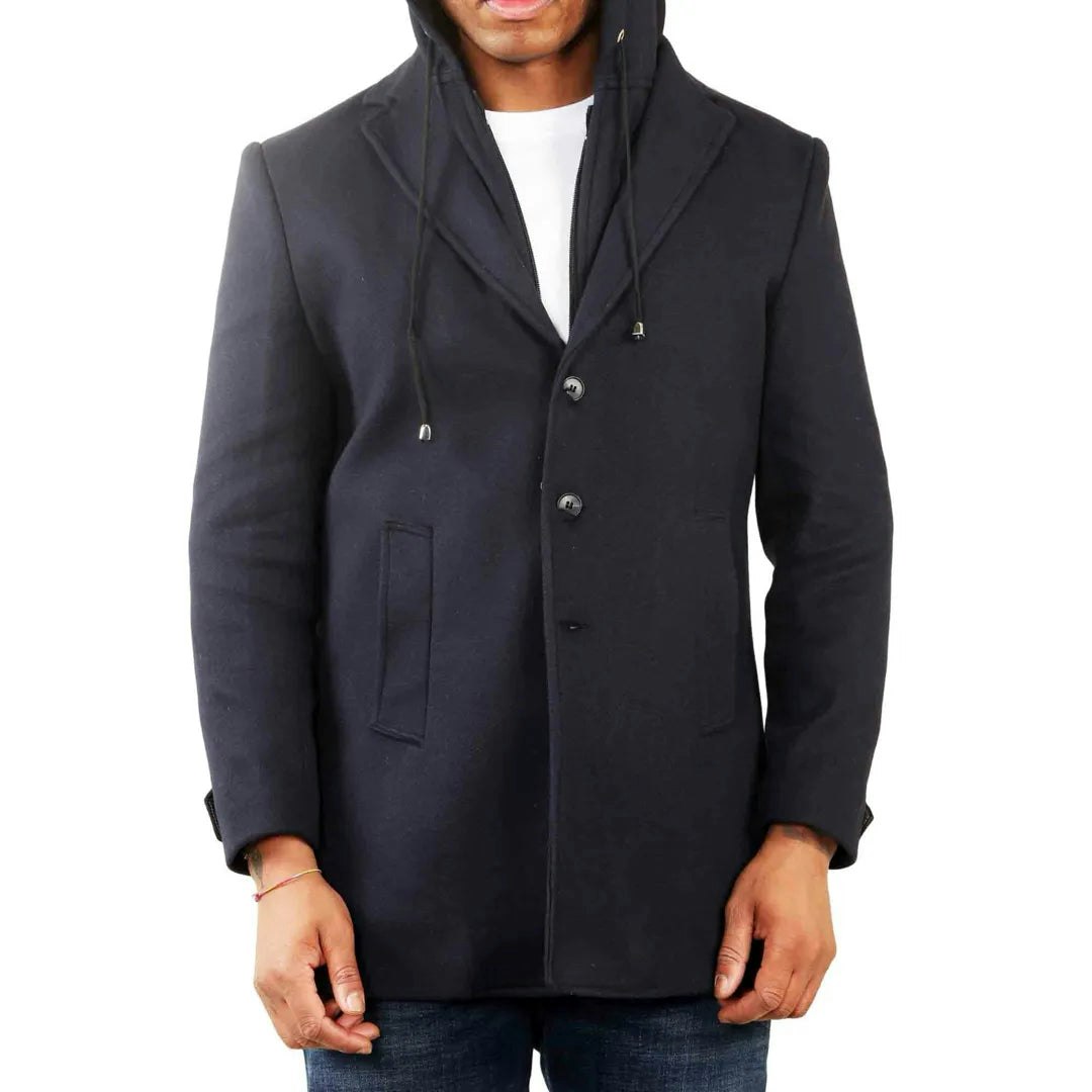 Truclothing Men's Hooded Wool Blend Classic Overcoat - Navy - 4XL