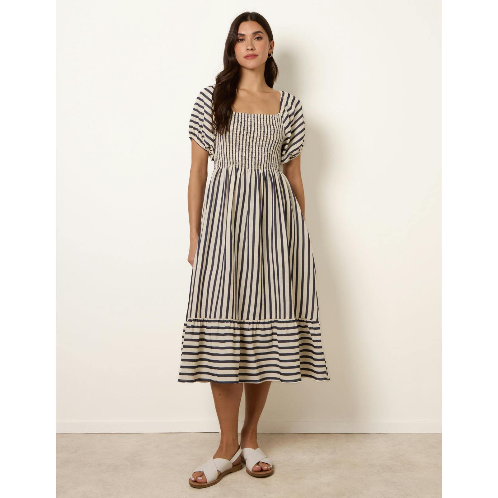 Blue Vanilla Square Neck Puff Sleeve Stripe Midi Dress - M
