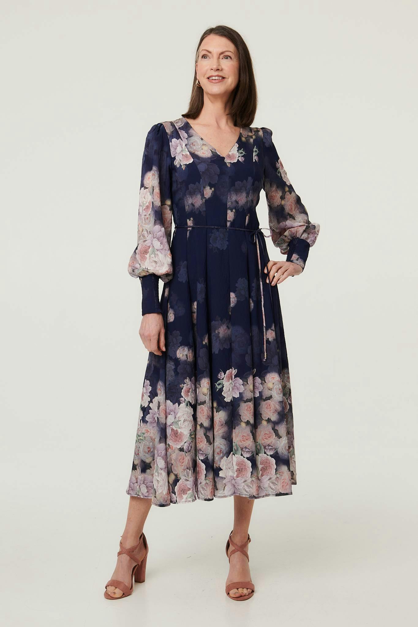 Izabel London Floral Long Balloon Sleeve Midi Dress - 8 - Navy