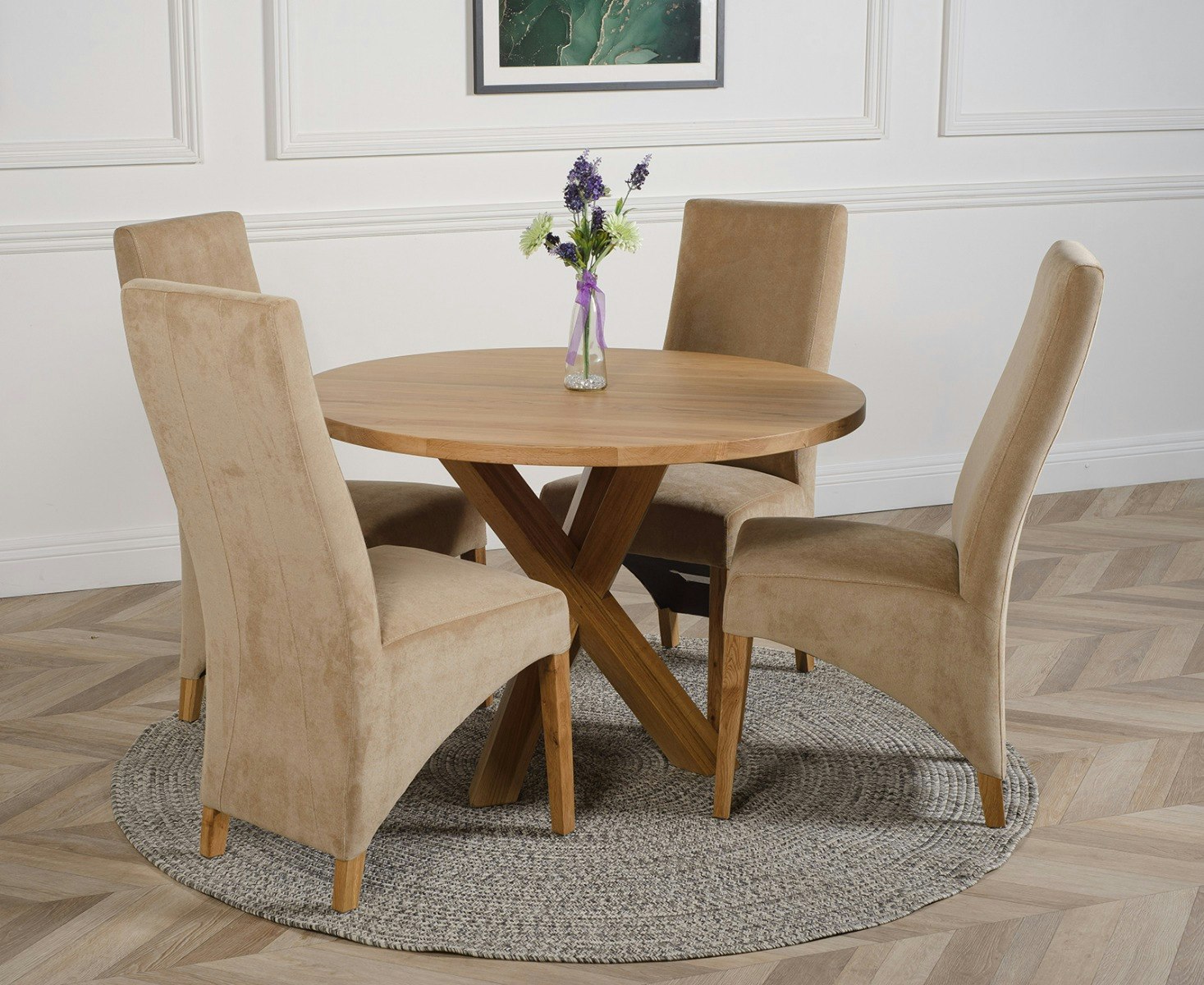 Rackhams Beige Oregon Round Oak Dining Table With Lola Fabric Chairs - 1 - 4 Chairs