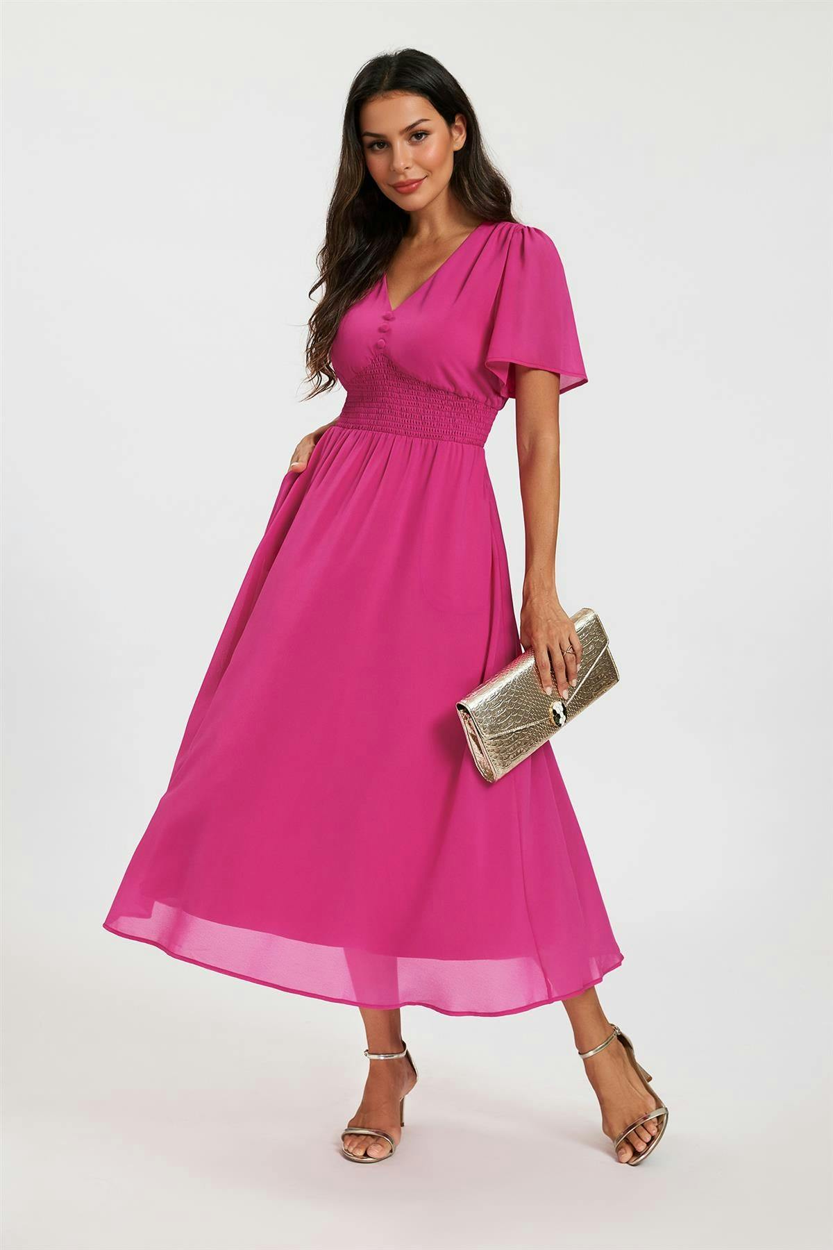 Fs Collection Fuchsia V Neckline Shirred Waist Midi Dress - Xs