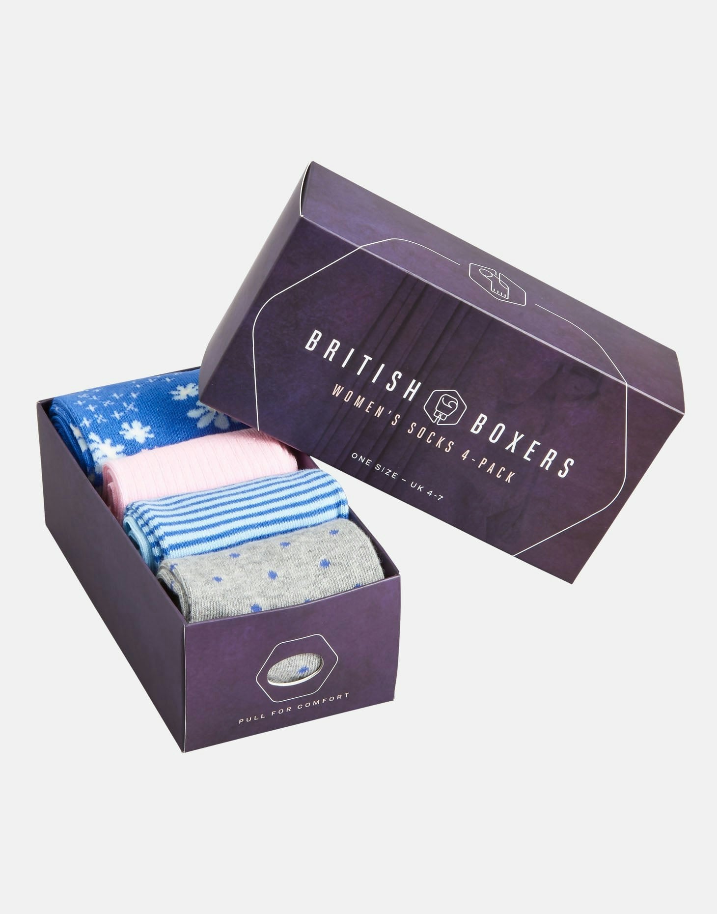 British Boxers Women's Four-Pair Sock Gift Box – Sky Blues & Sunset Pinks - One Size (Uk 4-7)