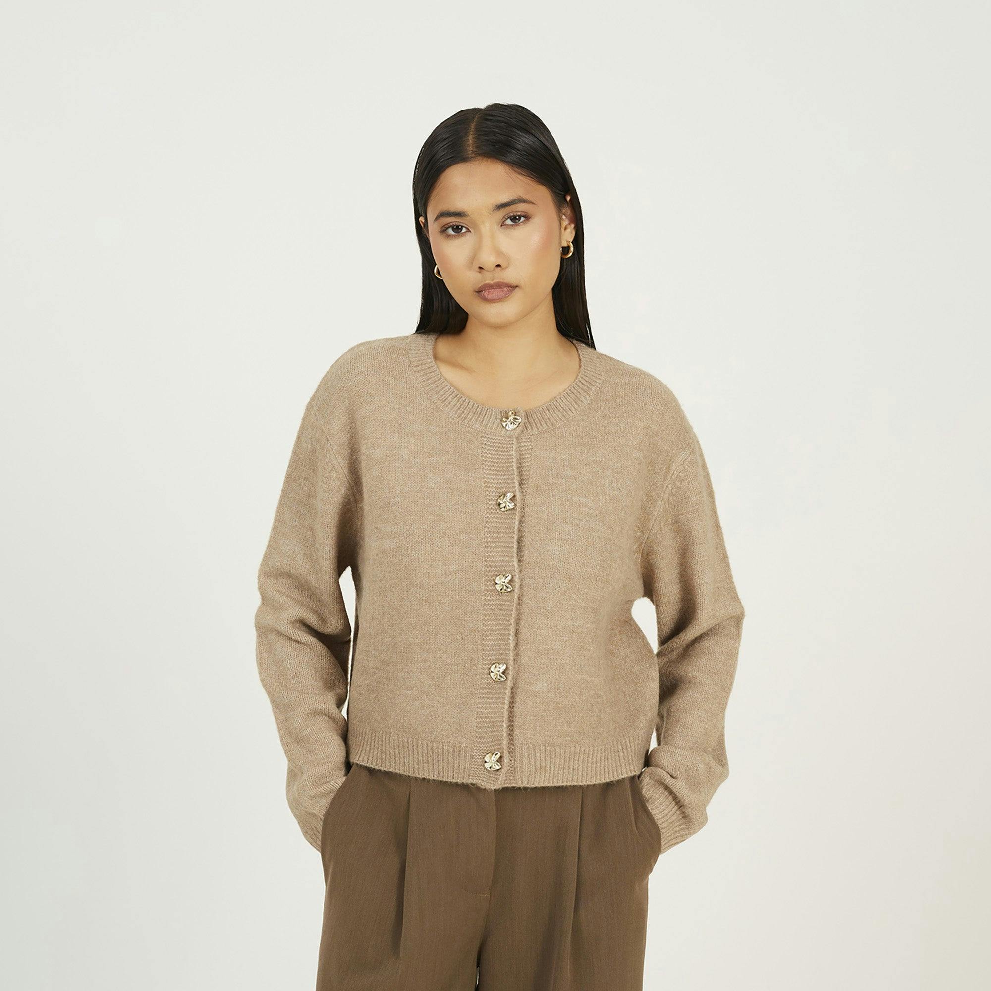 Brave Soul Round Neck Jersey Knit Cardigan - Taupe - Taupe - L