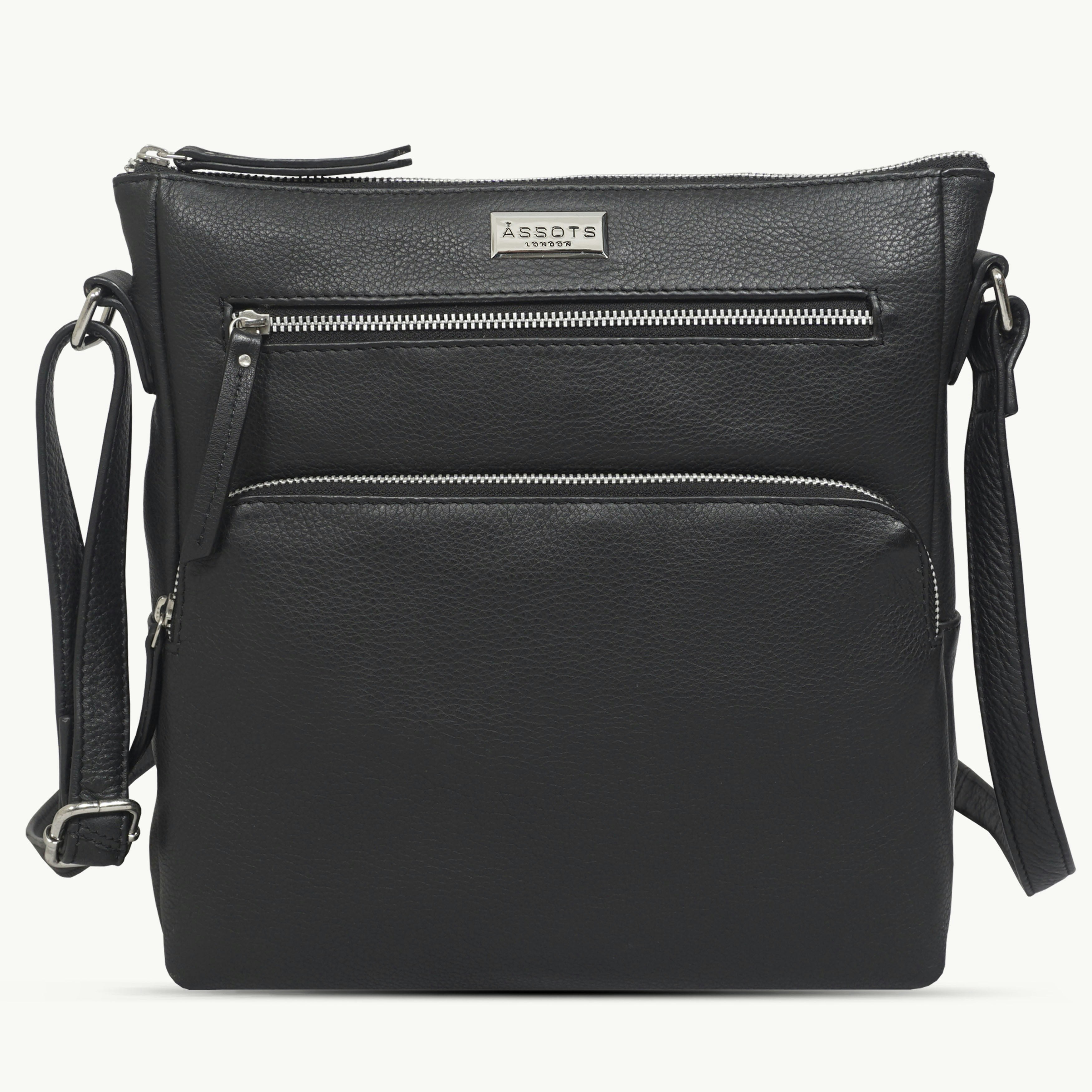 Assots London Black/Grain 'Agatha' Real Soft Pebble Leather Crossbody Bag 245Cm