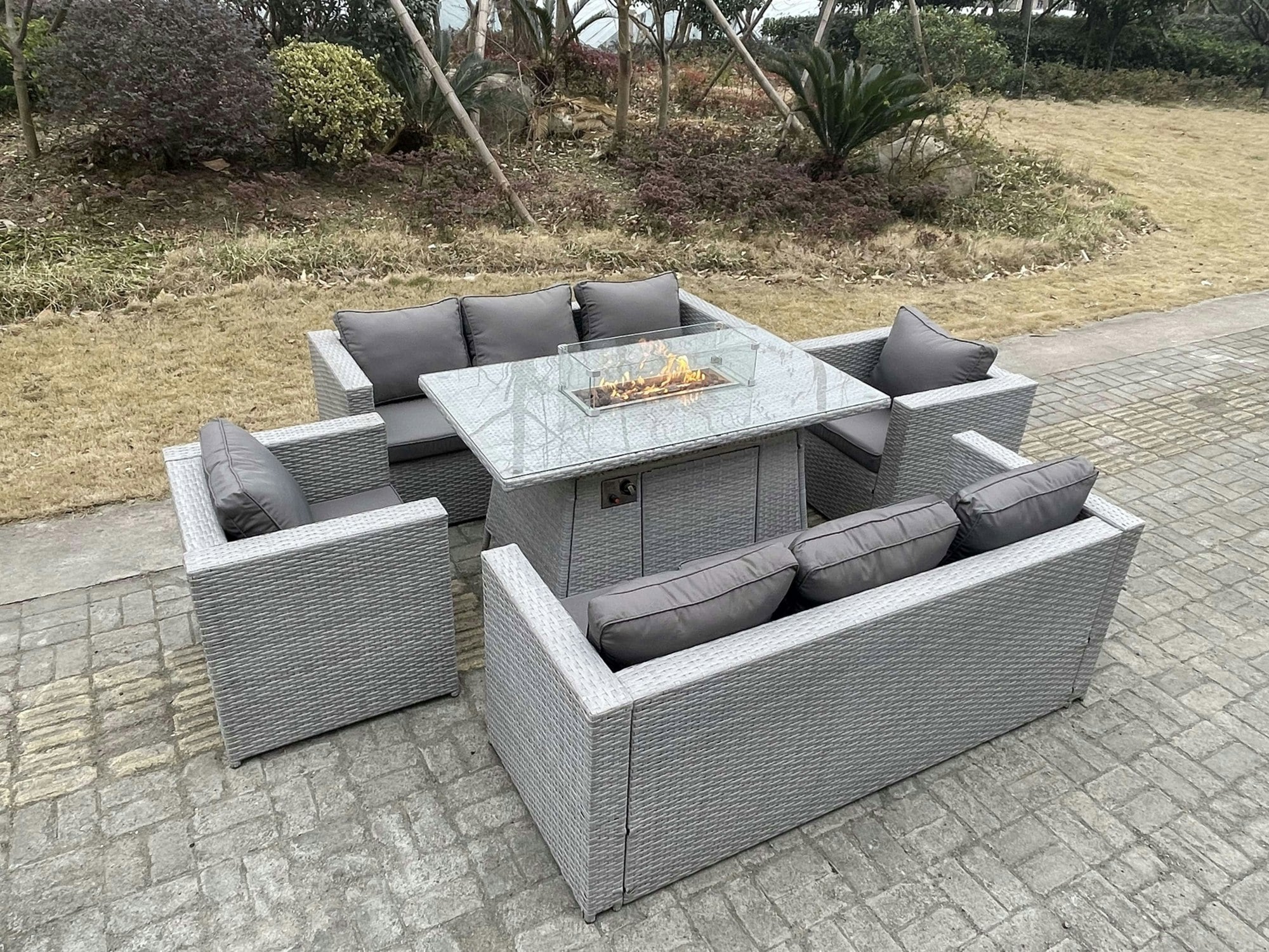 Fimous Light/Grey Rattan Garden Furniture Set With Gas Fire Pit Dining Table, 2 Sofas & 2 Chairs - 8 Seater