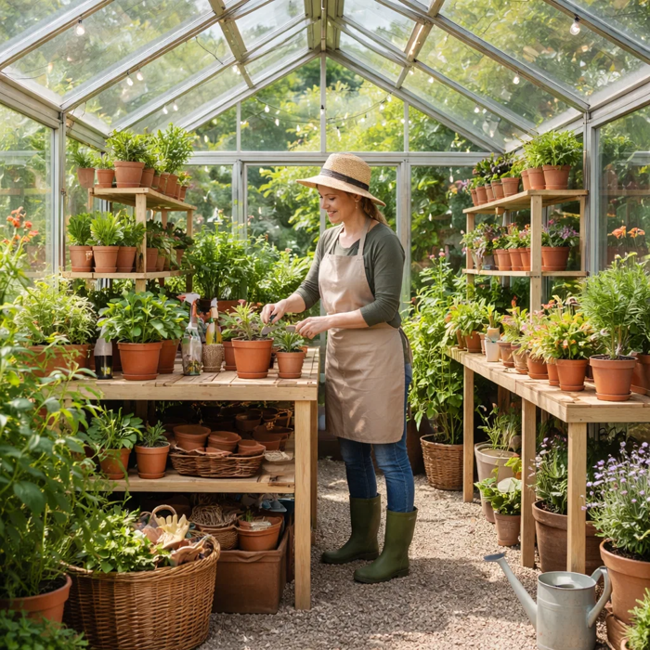 greenhouse with woman potting plants