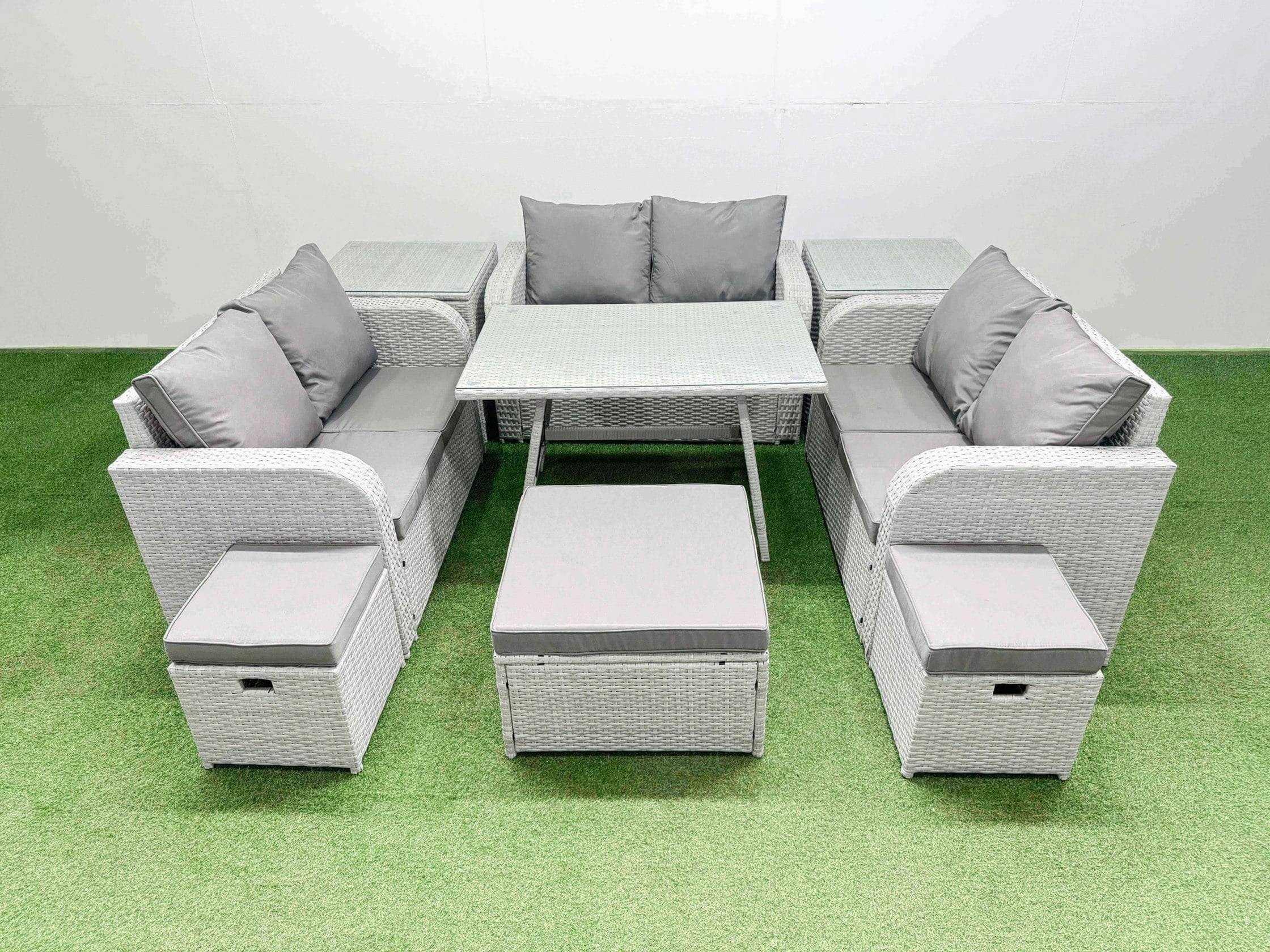 Fimous Dark/Grey Rattan Garden Furniture Dining Set 9 Seater Patio Rectangular Table Love Sofa Set With 2 Side Tables 3 Stools