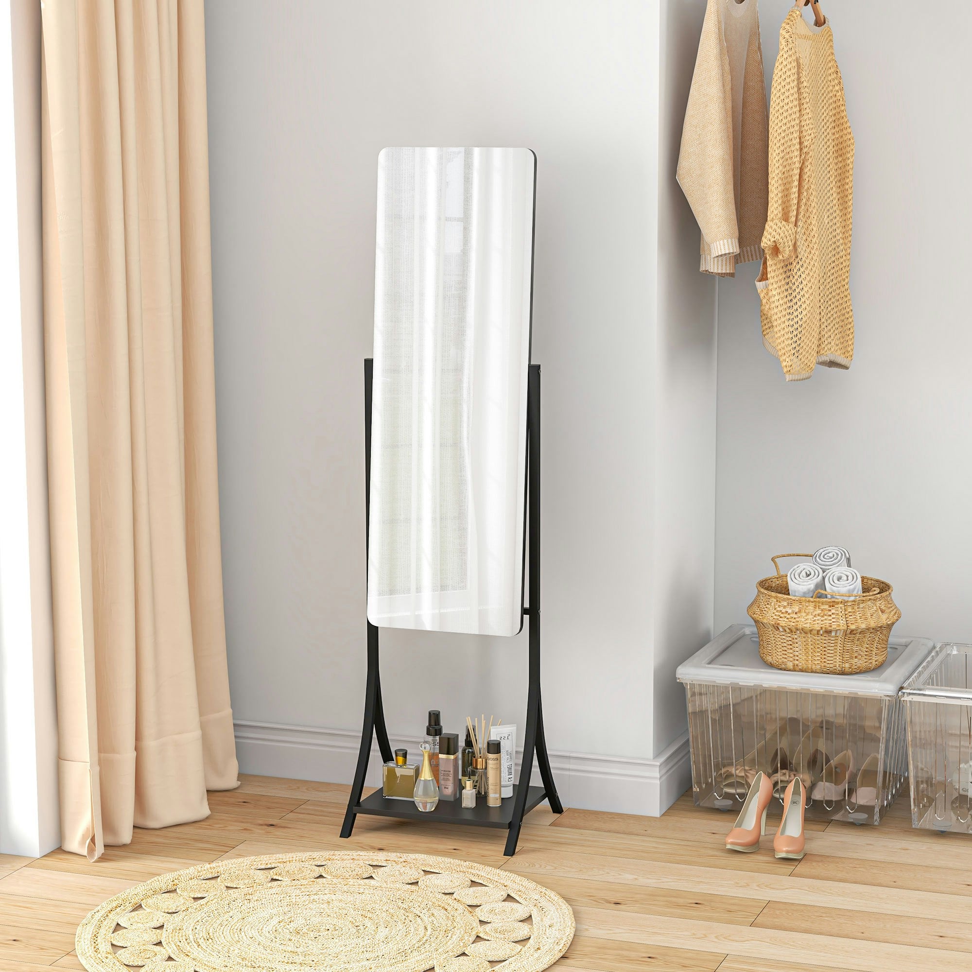 Rackhams Black Freestanding Full Length Mirror Adjustable Full Body Mirror W/ Shelf