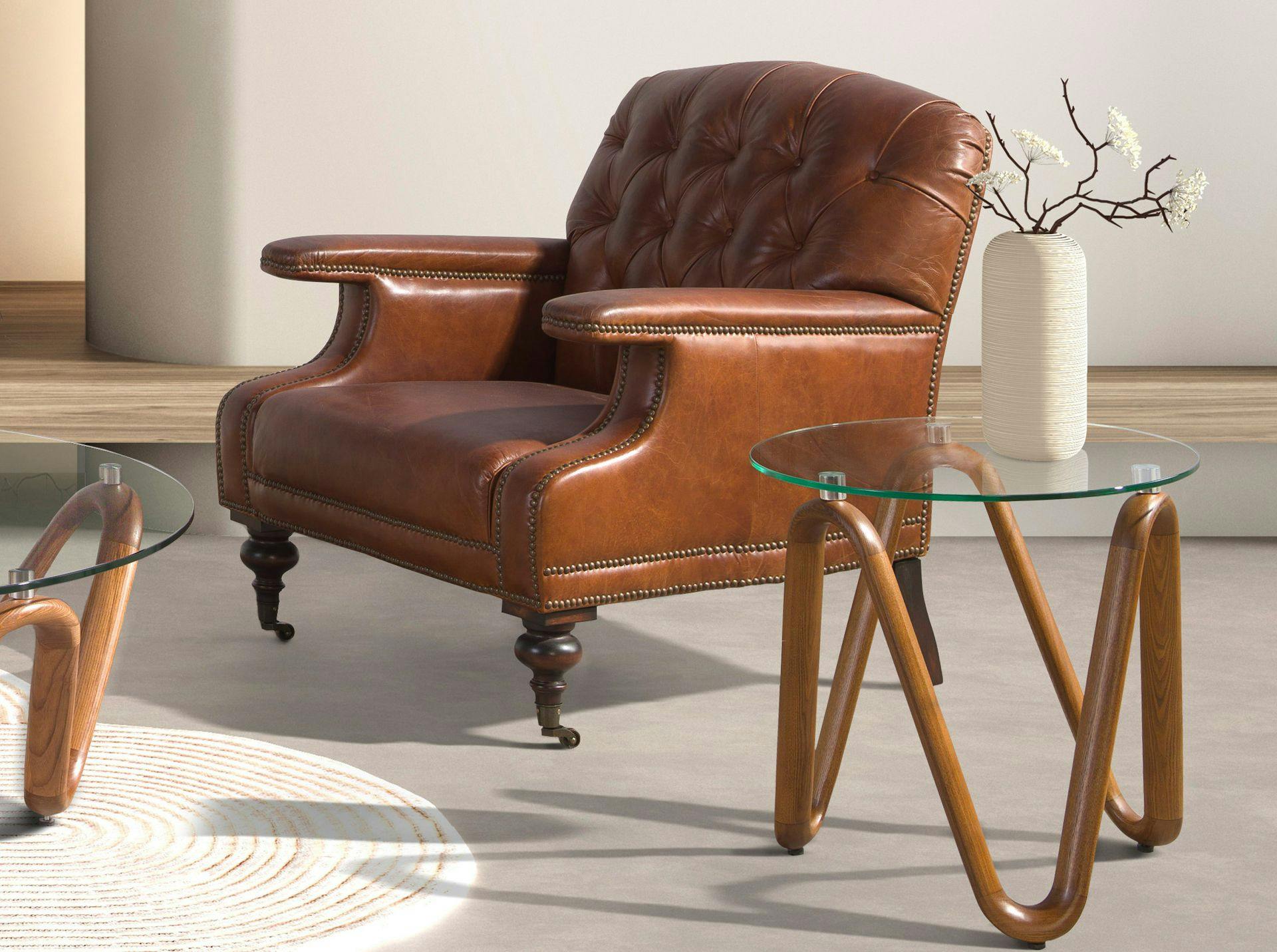Rackhams Light Round Tempered Glass And Walnut Corner Table 2125