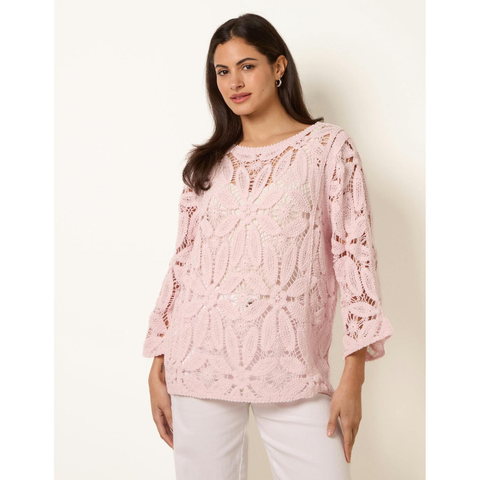 Blue Vanilla Blue/Pink Vanilla Flower Crochet Long Sleeve Top - S-M