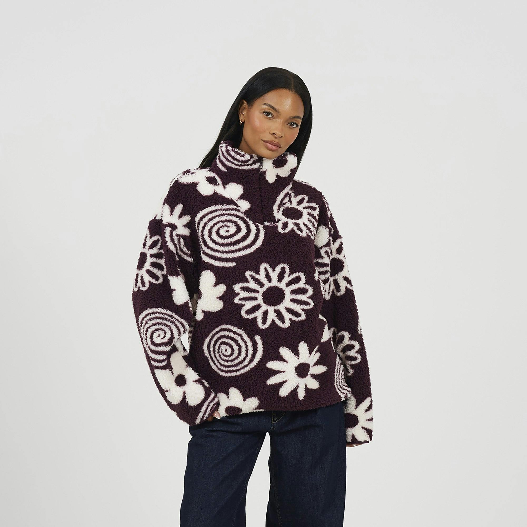 Brave Soul Burgundy Quarter Zip Flower Print Sherpa Fleece - S