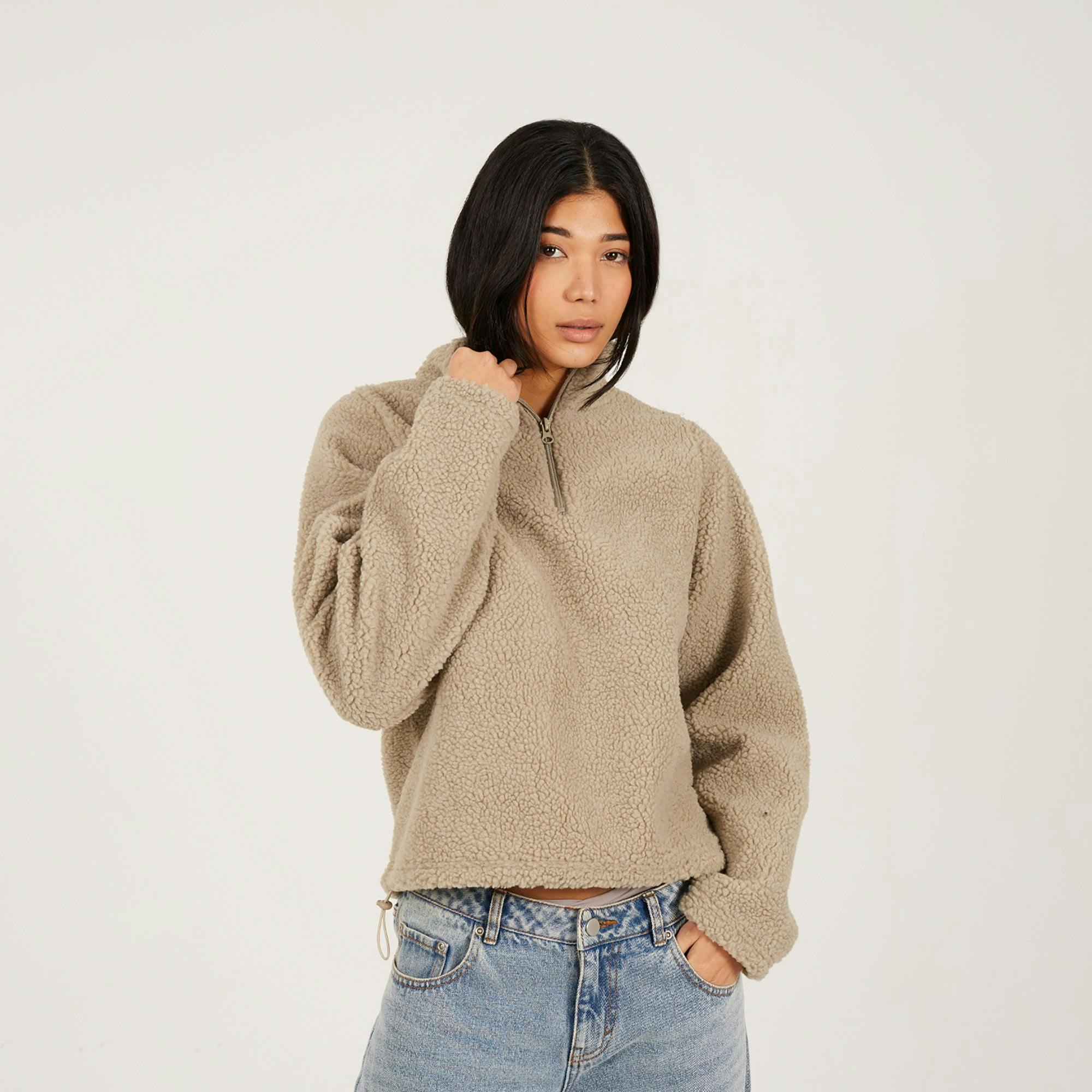 Brave Soul Quarter Zip Sherpa Fleece - Taupe - Taupe - Xl