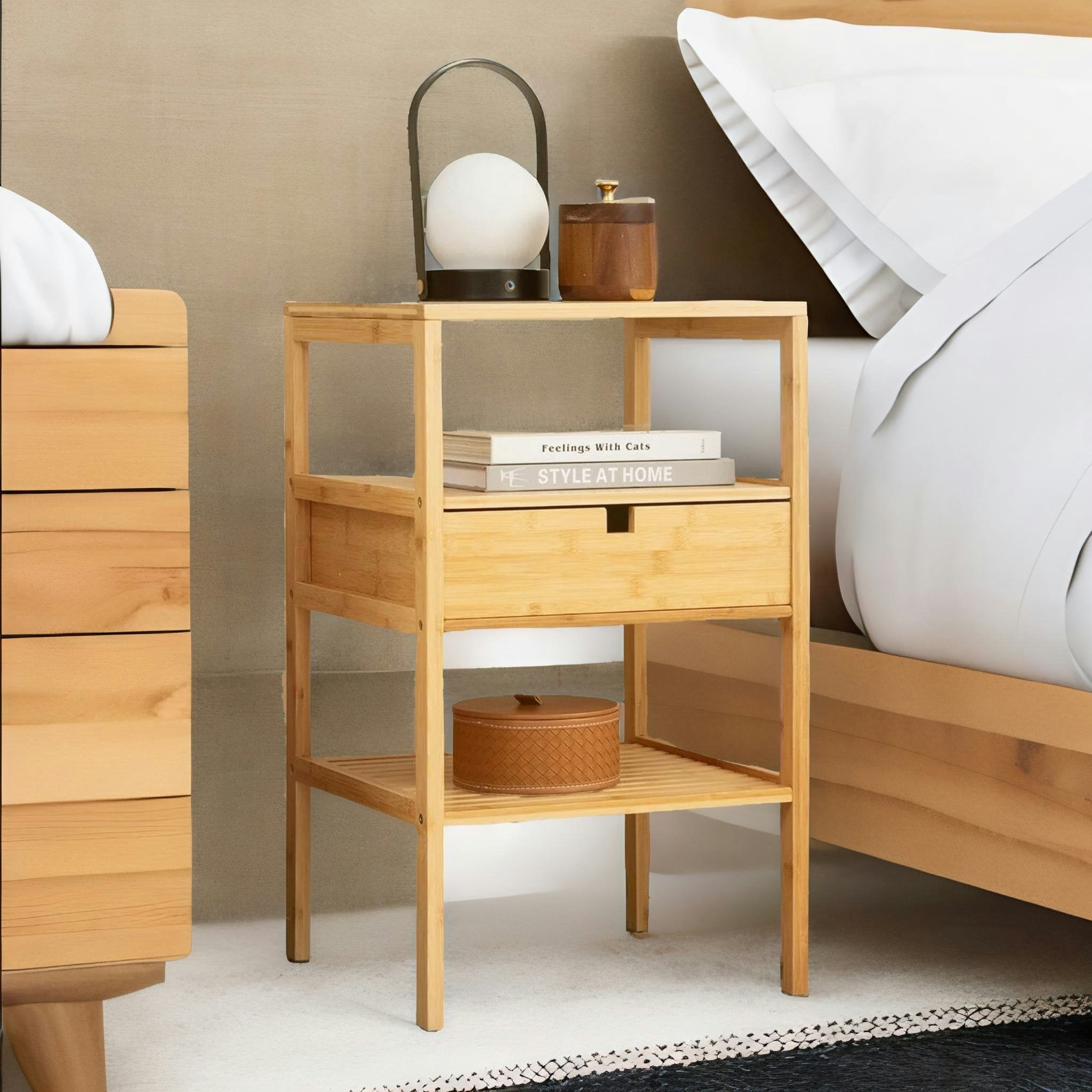 Rafaelo Mobilia Brown Bamboo Bedside Table With Drawer And Shelf Natural