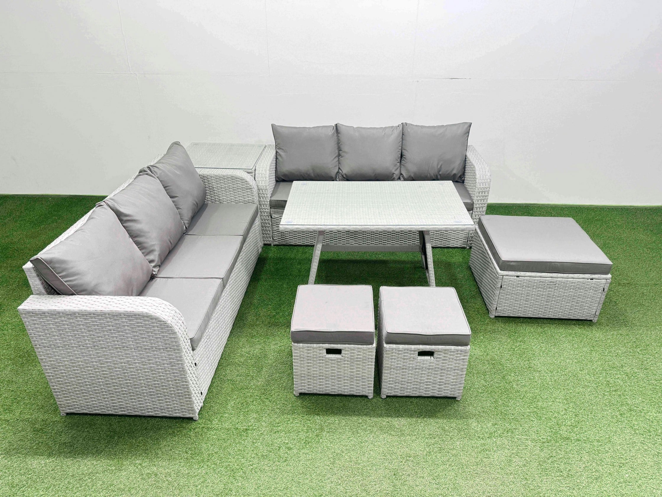 Fimous Light/Grey Patio Dining Table & Chairs Set Rattan High Back Lounge Sofa Set With 3 Seater Sofa Side Table 3 Stool