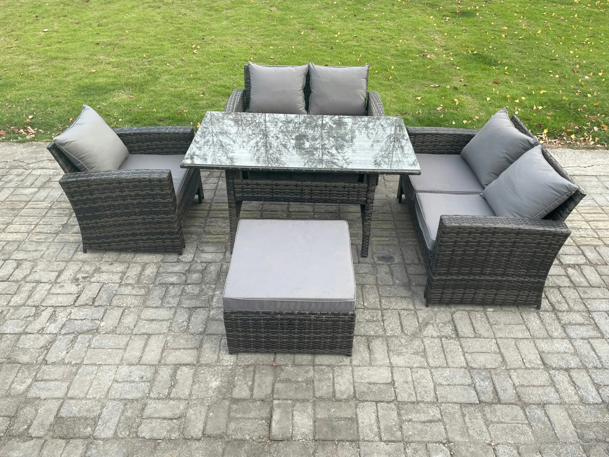 Rackhams Dark/Grey 6 Seater Wicker Rattan Garden Dining Set Outdoor Furniture Sofa With Dining Table Double Seat Sofa Big Footstool Mixed