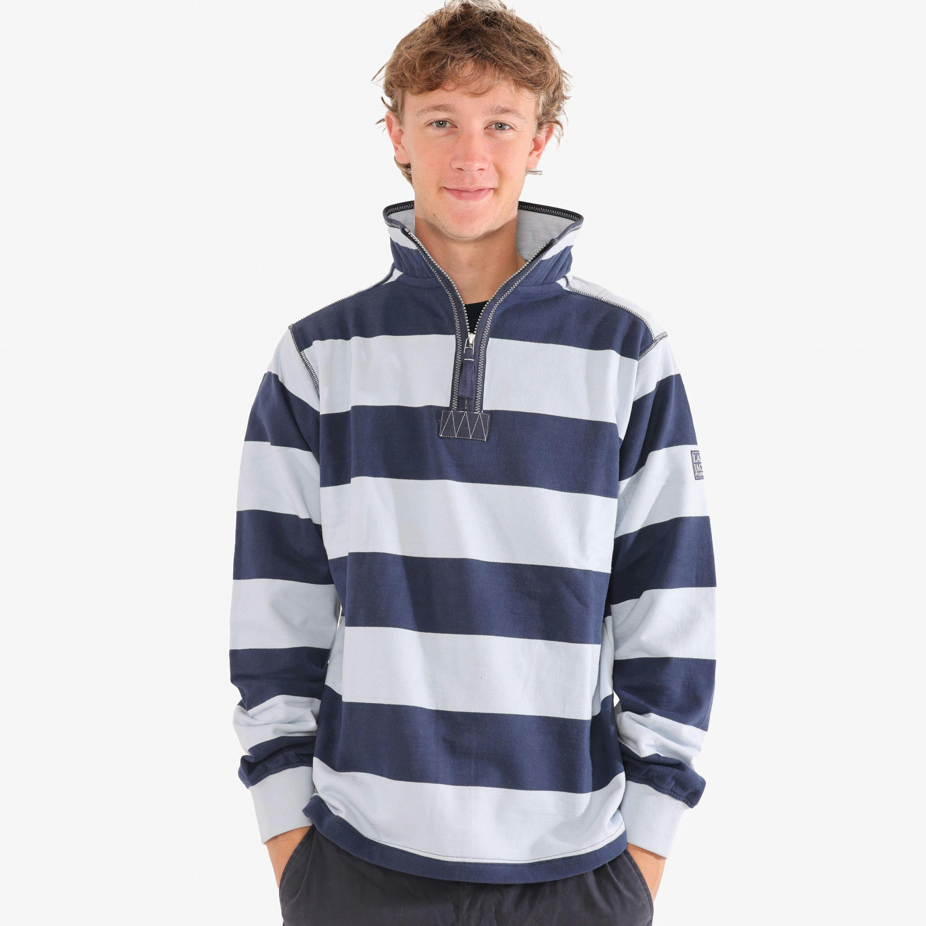 Lazy Jacks Men's Striped Quarter Zip Sweatshirt - Sky - L - Sky - 100% Cotton