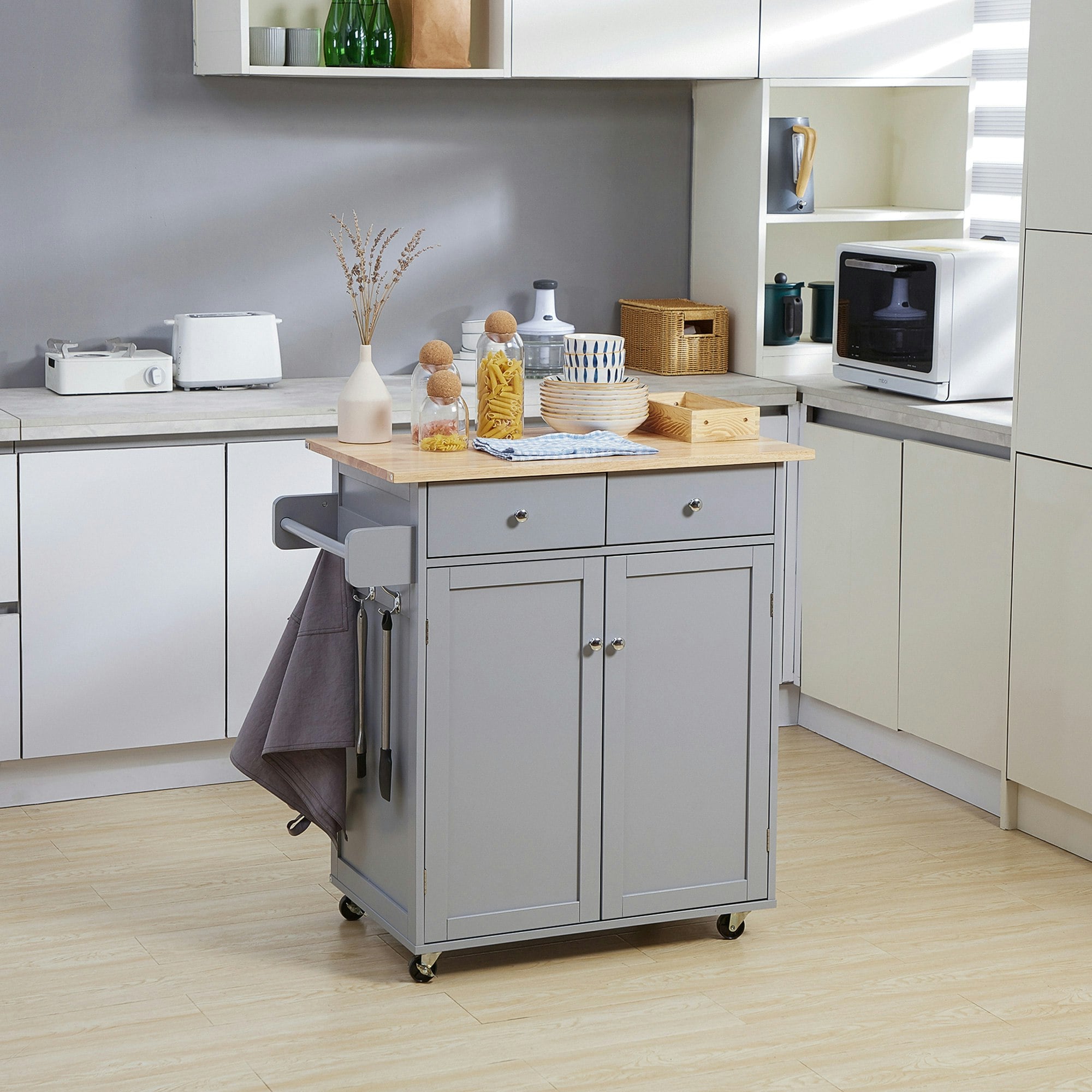 Rackhams Grey Rolling Kitchen Island, Utility Serving Cart With Rubber Wood Top